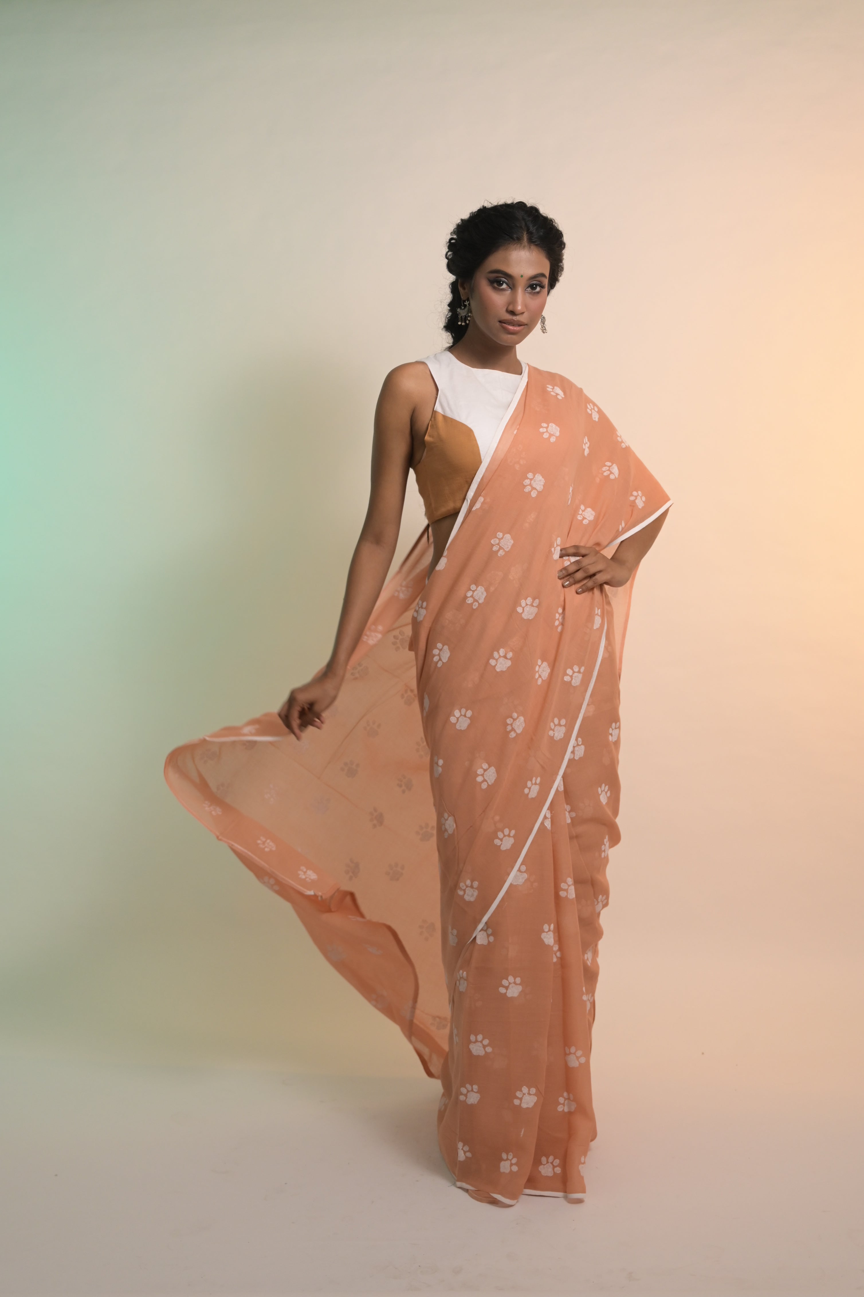 Paw-radise I Mocha Handloom Mul Cotton Saree with Handblock-Printed Paw Motifs