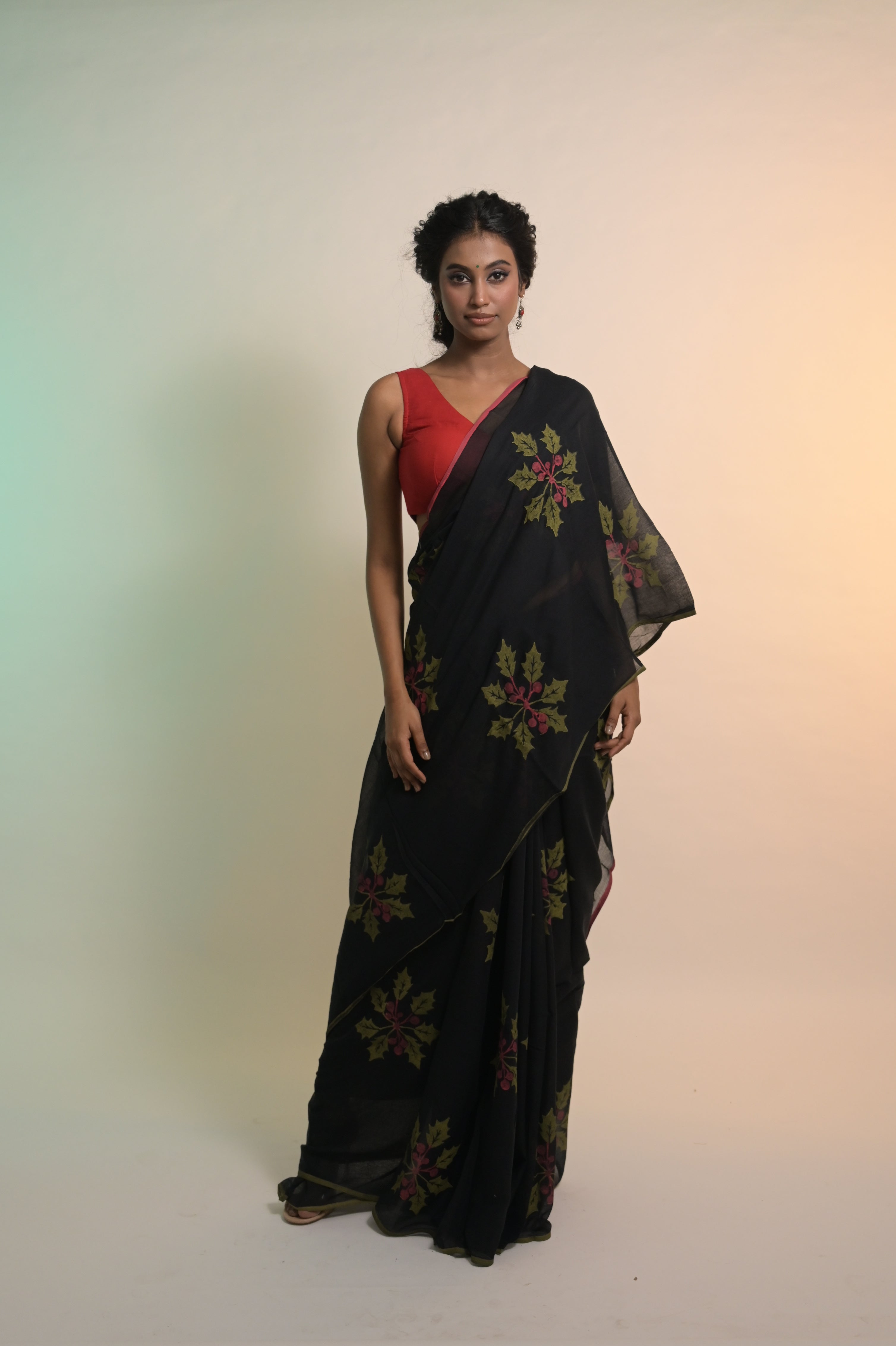 Joys of Holly I Black Handloom Mul Cotton Saree with Handblock-Printed Holly Leaf Motifs