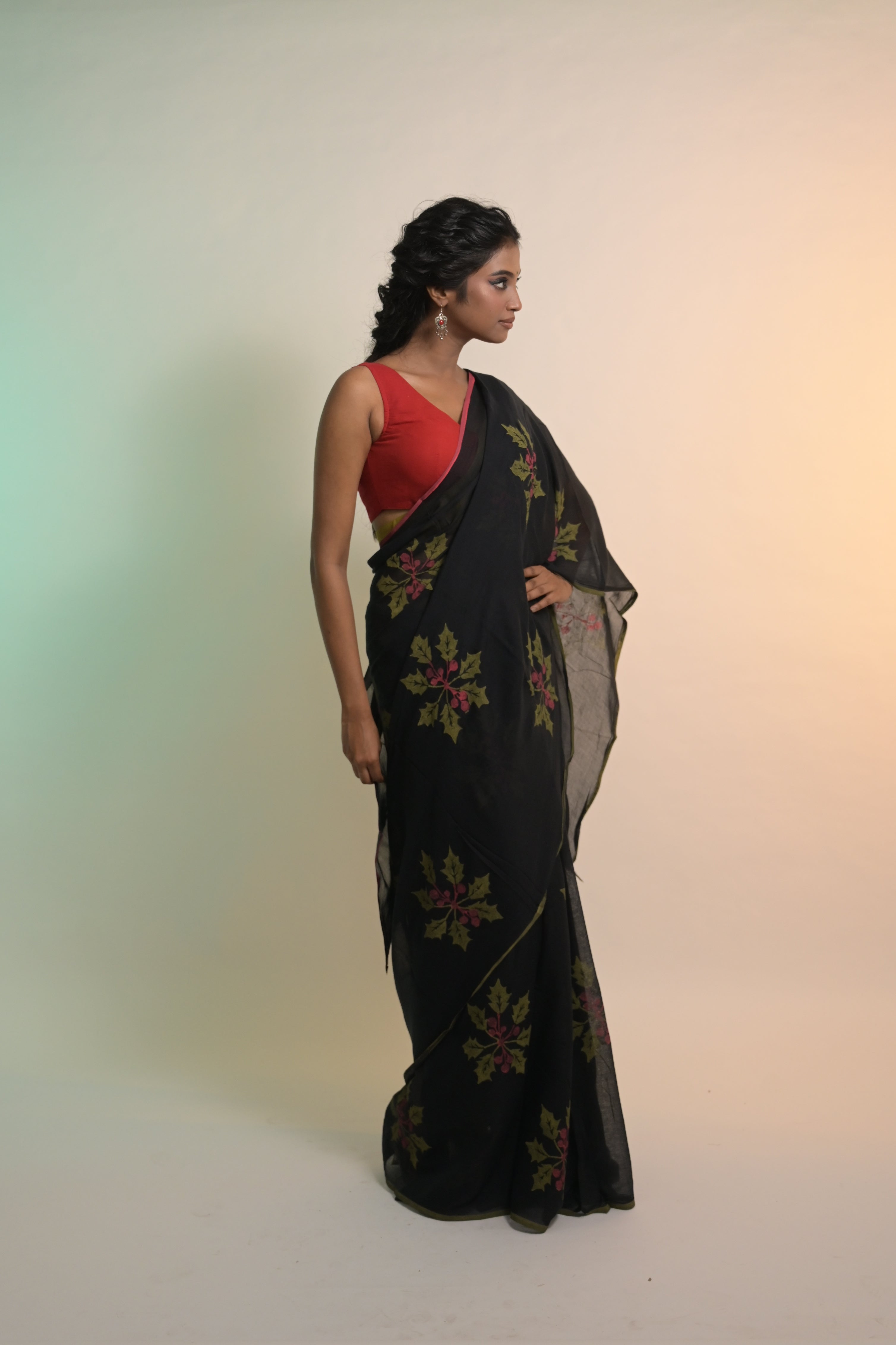 Black Handloom Mul Cotton Saree with Hand-block Printed Holly Leaf Motifs and Ready to Wear Dual Colour Handloom Mul Cotton Blouse Combo(Joys of Holly+Vanya)