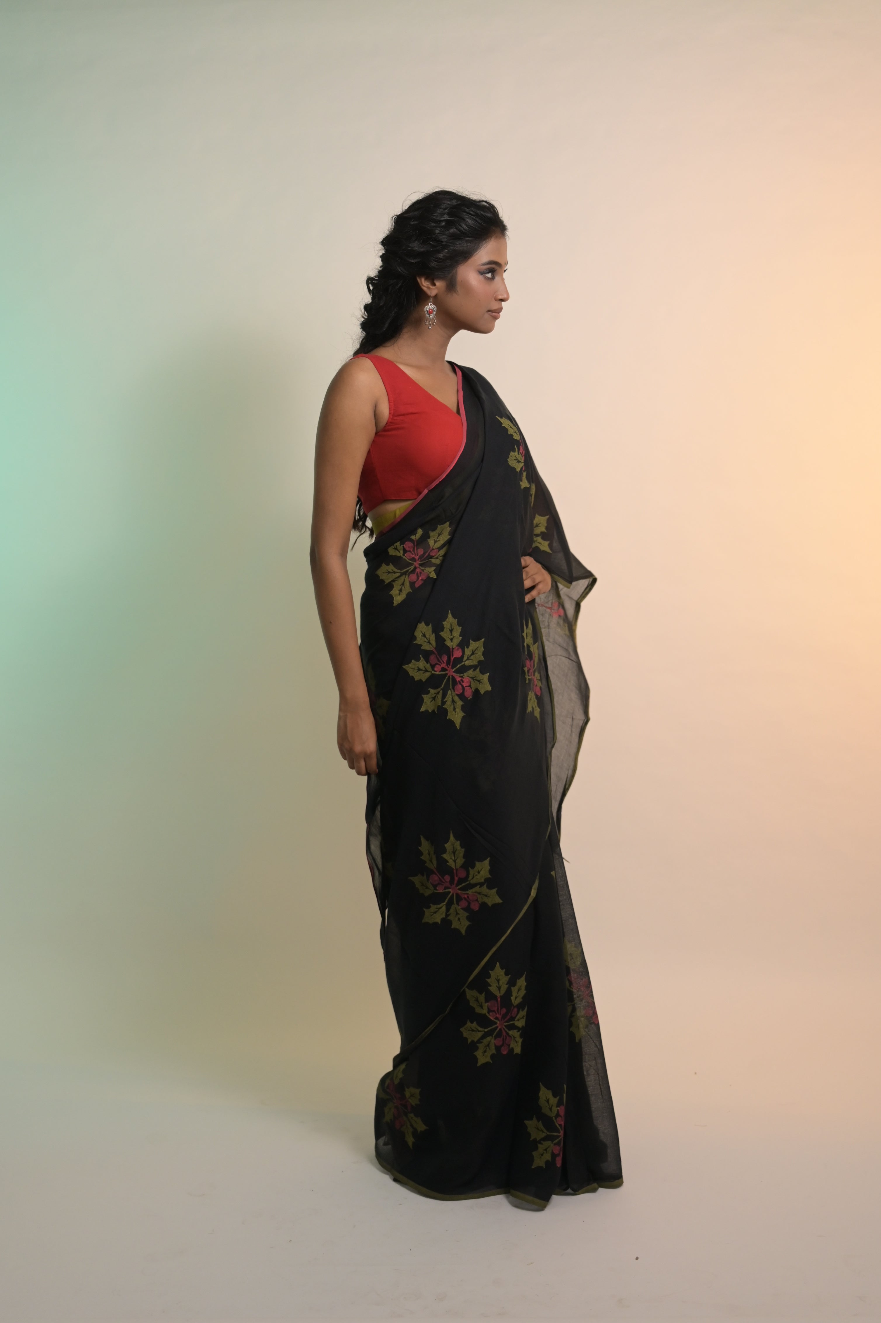 Joys of Holly I Black Handloom Mul Cotton Saree with Handblock-Printed Holly Leaf Motifs