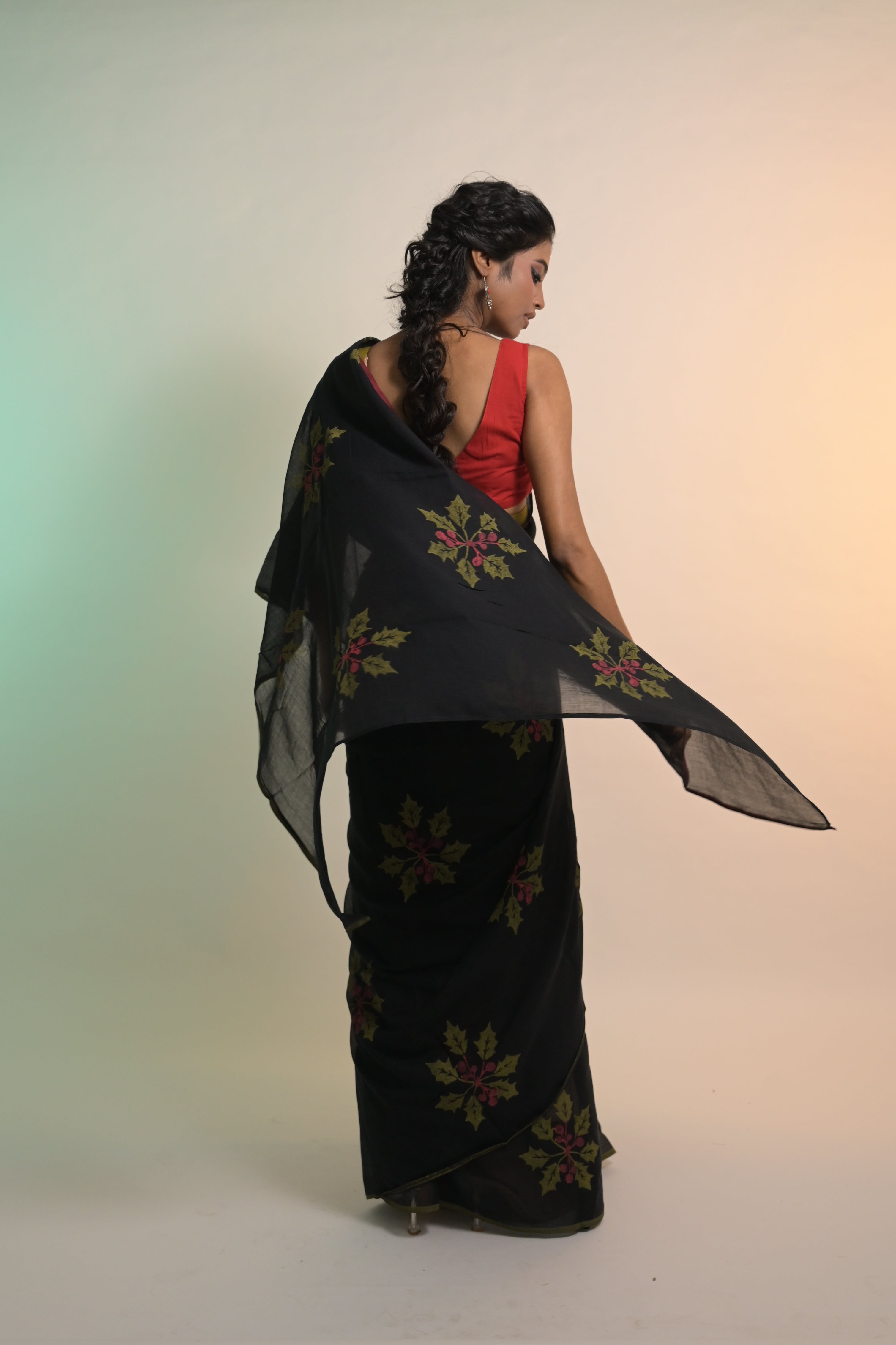Black Handloom Mul Cotton Saree with Hand-block Printed Holly Leaf Motifs and Ready to Wear Dual Colour Handloom Mul Cotton Blouse Combo(Joys of Holly+Vanya)