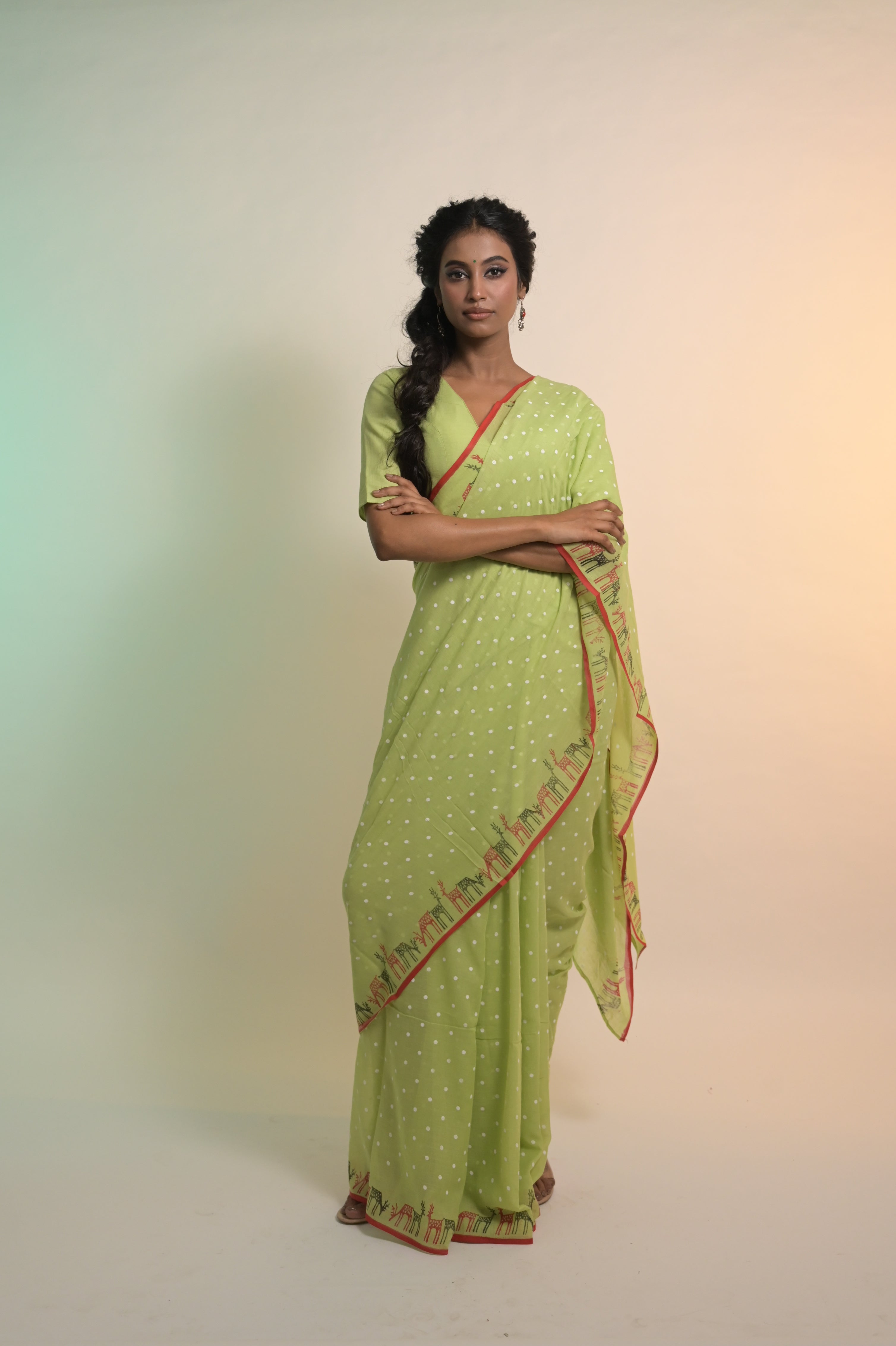 Reindeer Ready I Pista Green Mul Cotton Saree with Handblock-Printed Polka Dot and Reindeer Motifs