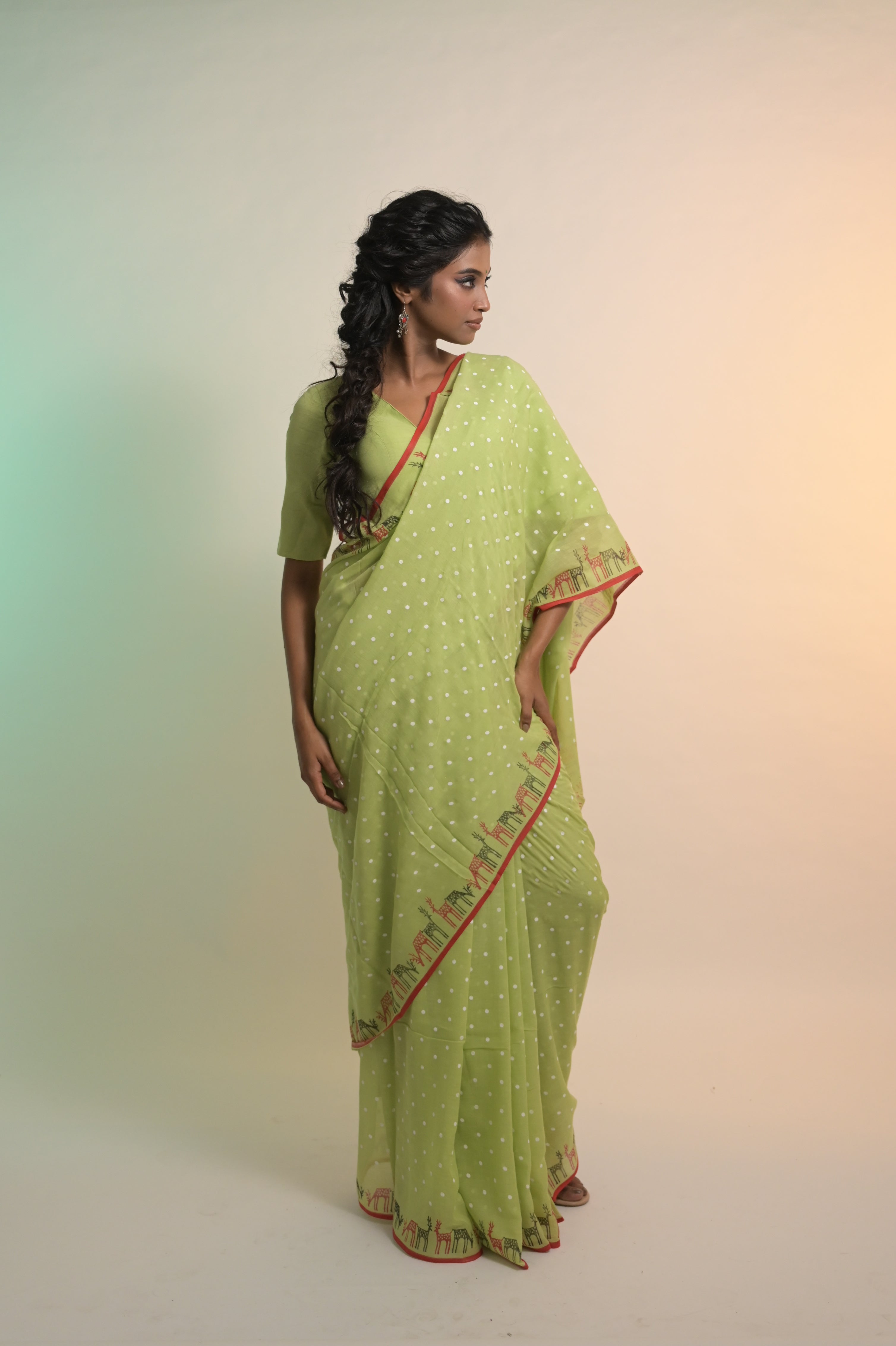 Reindeer Ready I Pista Green Mul Cotton Saree with Handblock-Printed Polka Dot and Reindeer Motifs