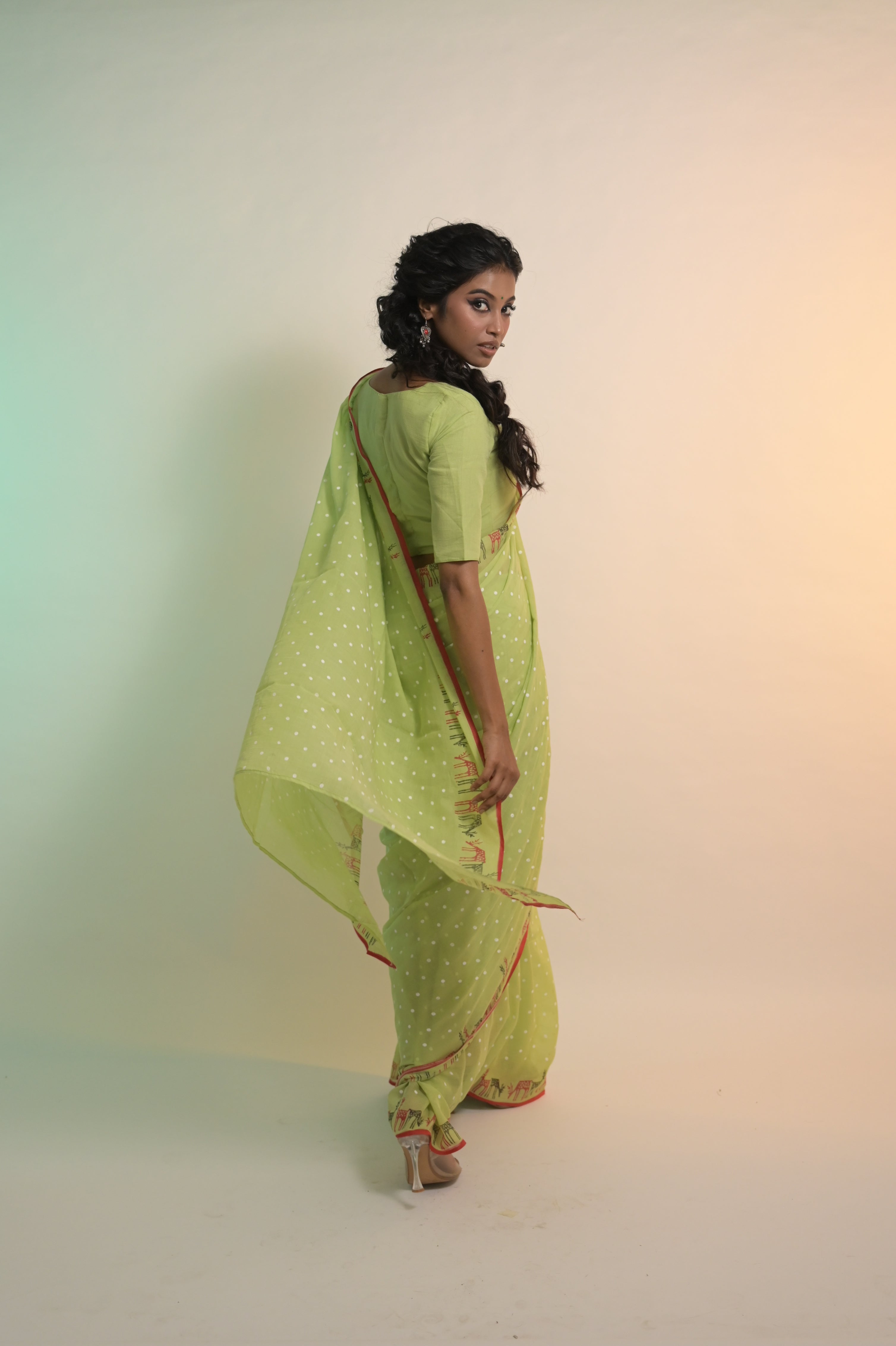 Pista Green Handloom Mul Cotton Saree with Hand-block Printed Reindee Motifs on the Border and Ready to Wear Pista Colour Handloom Mul Cotton Blouse Combo(Reindeer Ready+Phool)