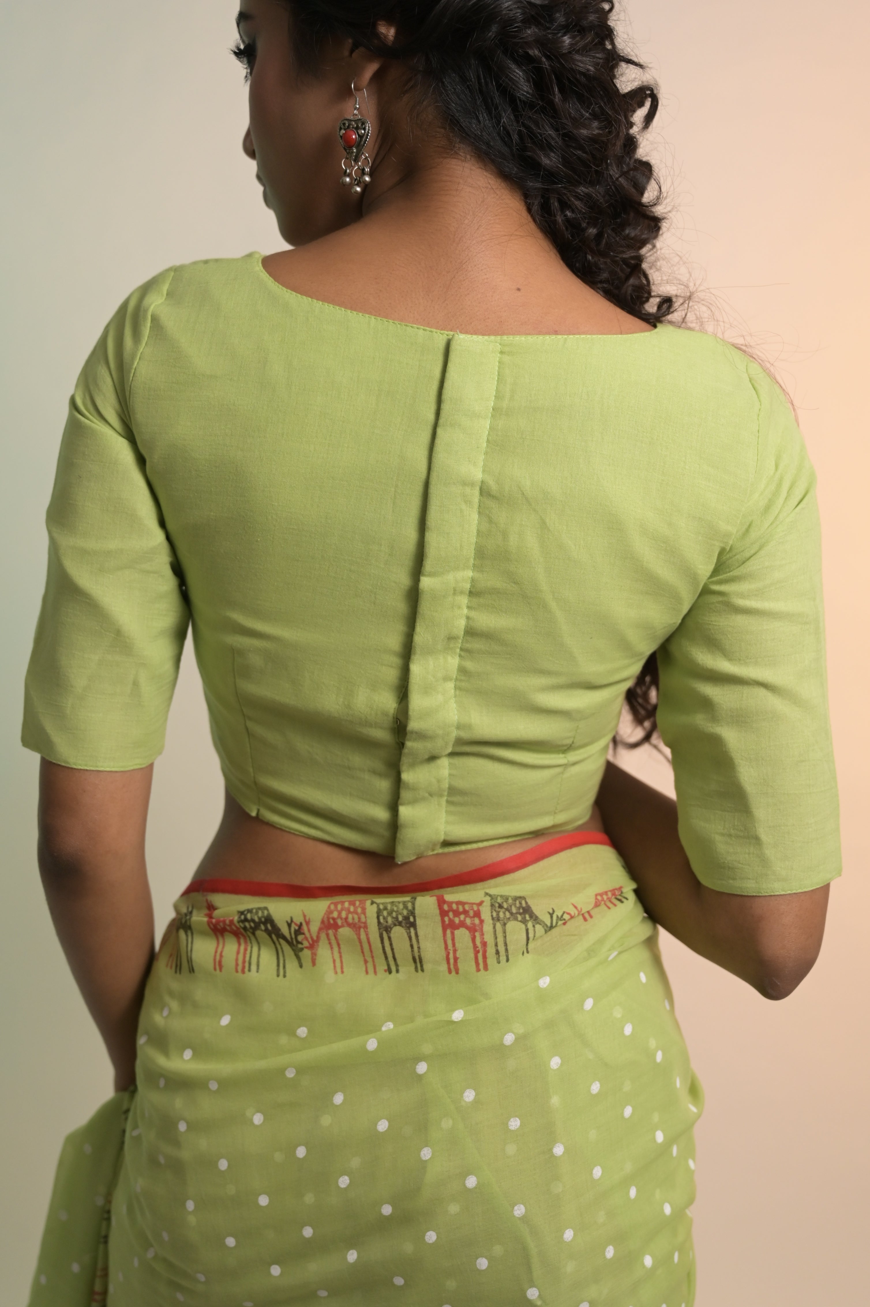 Phool I Pista Green Handloom Mul Cotton Blouse with V Neckline