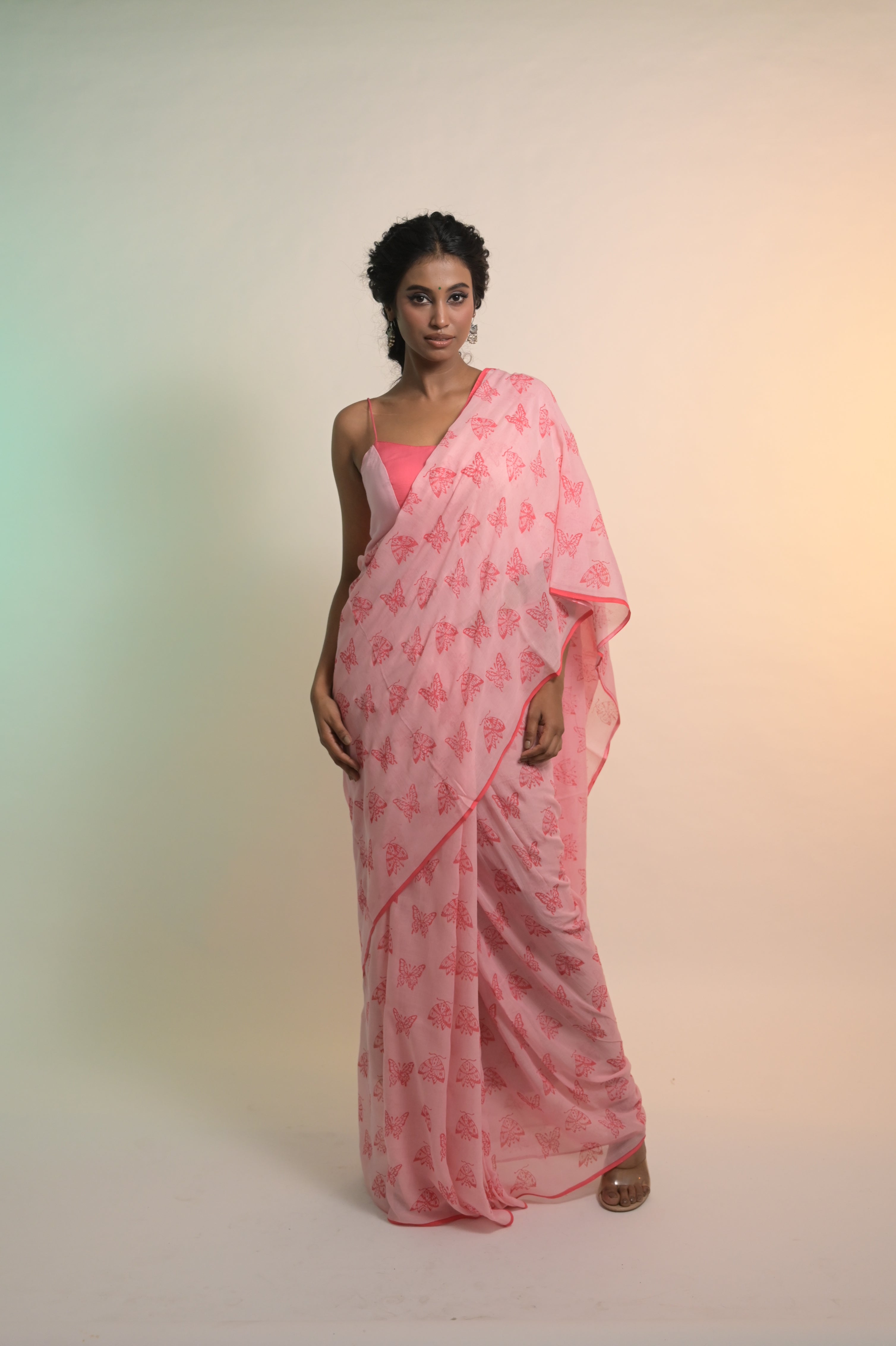 Winx Club I Baby Pink Handloom Mul Cotton Saree with Handblock-Printed Butterfly Motifs