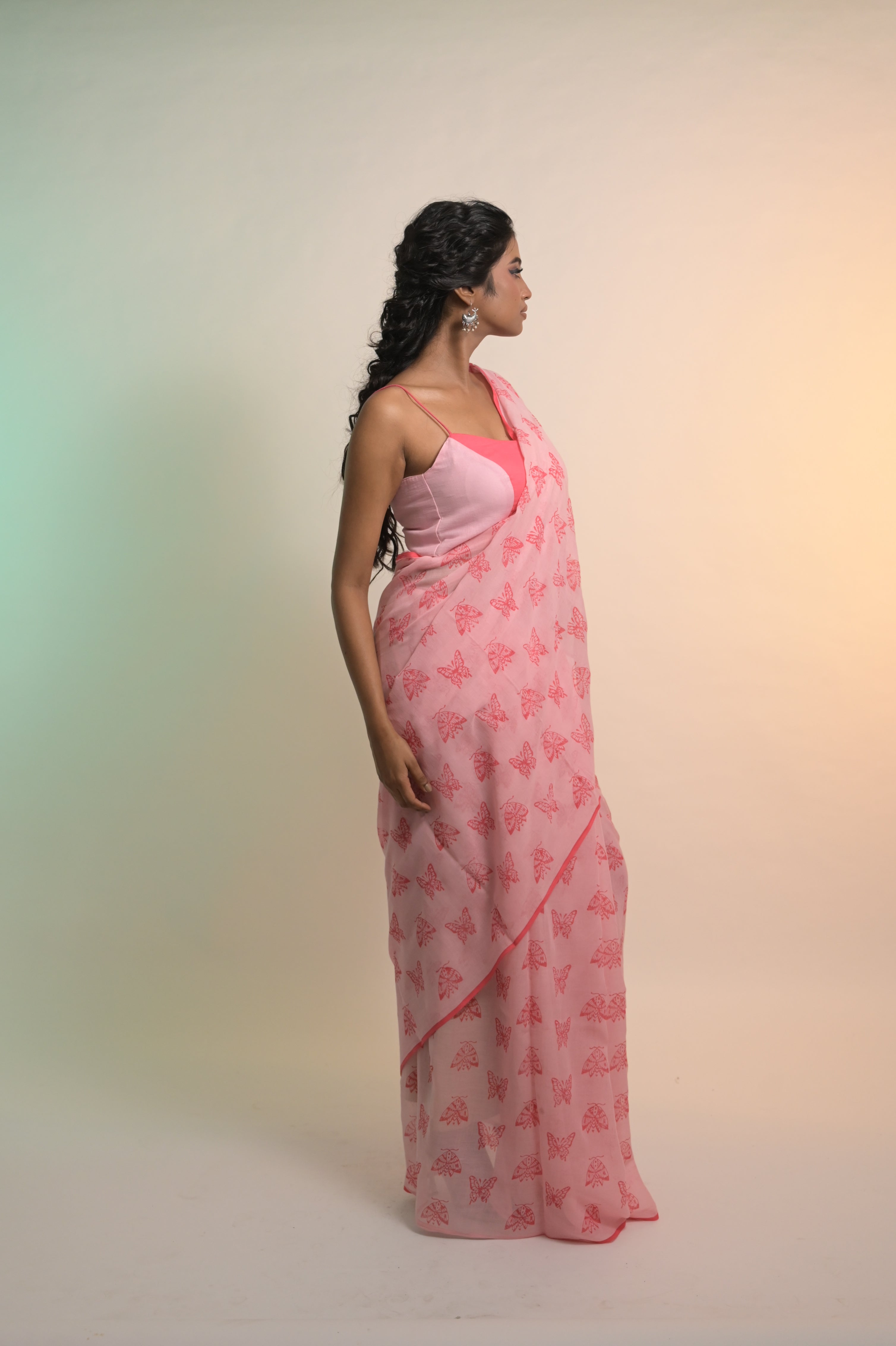 Winx Club I Baby Pink Handloom Mul Cotton Saree with Handblock-Printed Butterfly Motifs