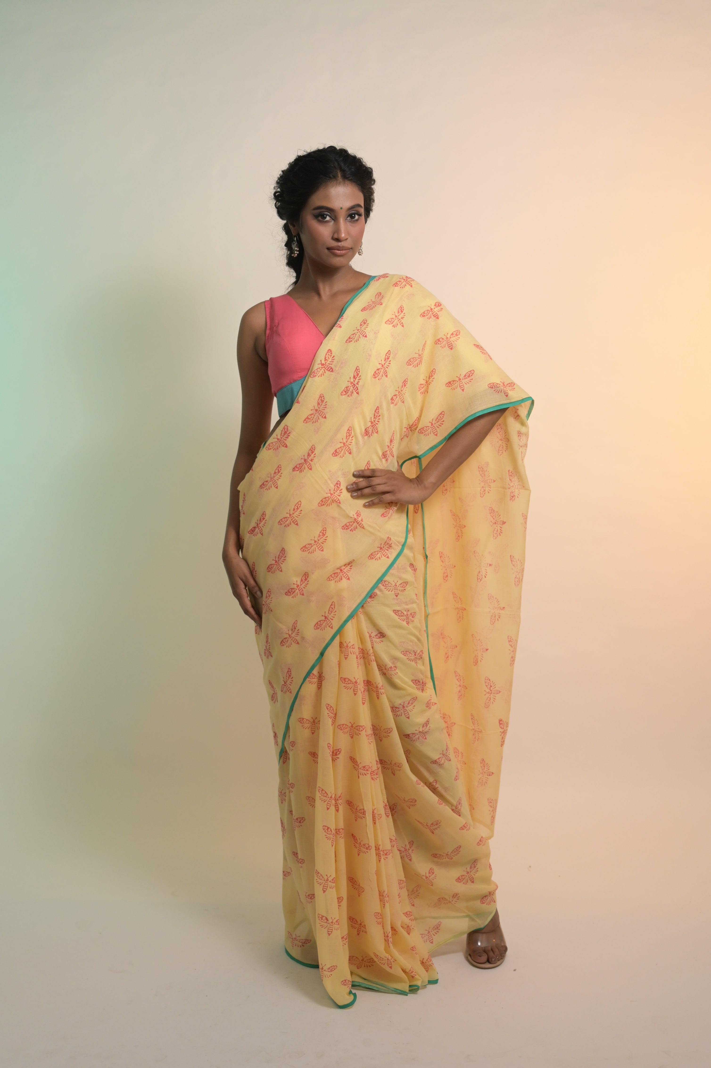 Flutterfly I Soft Yellow Handloom Mul Cotton Saree with Handblock-Printed Butterfly Motifs