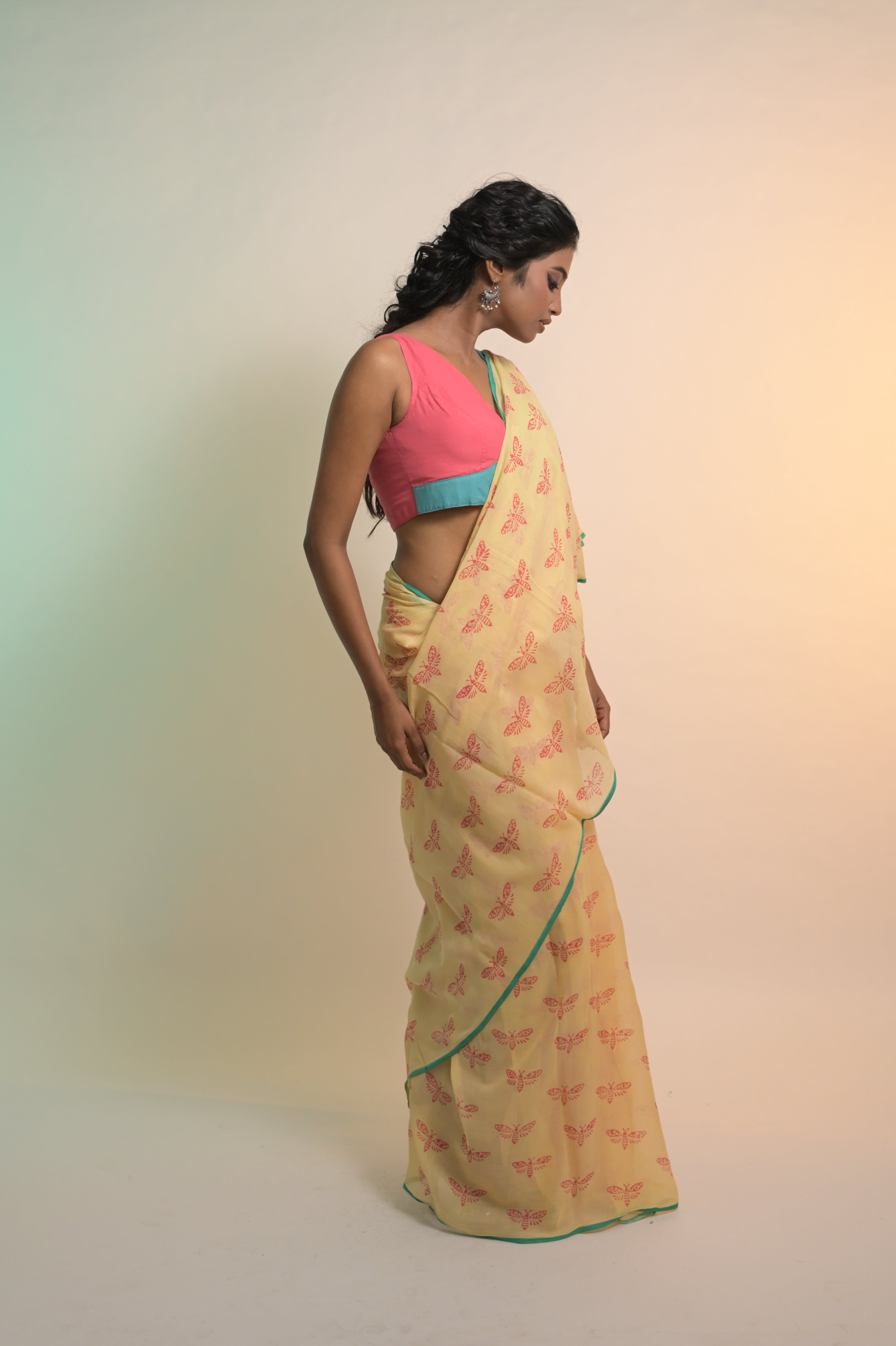 Flutterfly I Soft Yellow Handloom Mul Cotton Saree with Handblock-Printed Butterfly Motifs