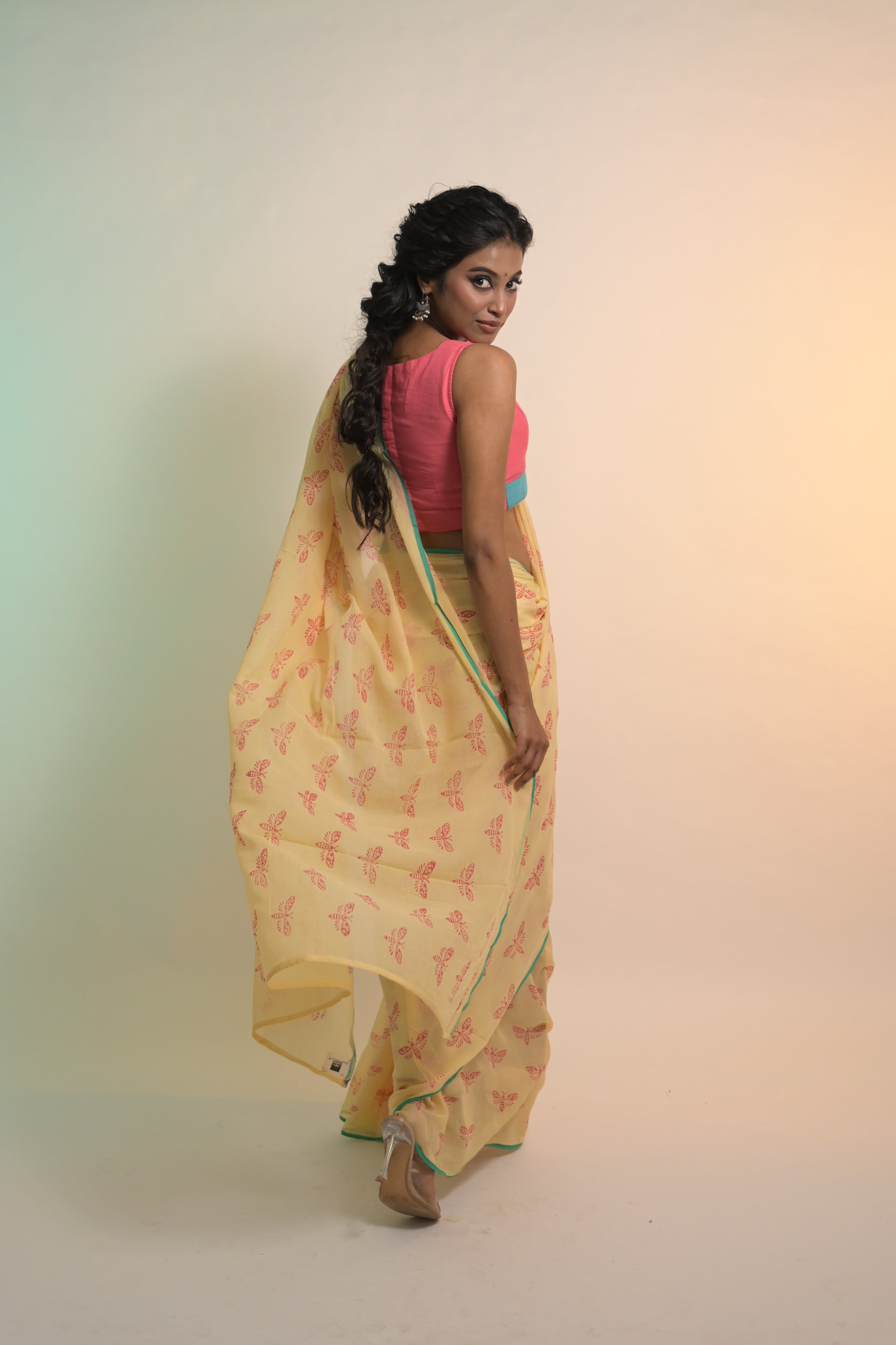 Flutterfly I Soft Yellow Handloom Mul Cotton Saree with Handblock-Printed Butterfly Motifs