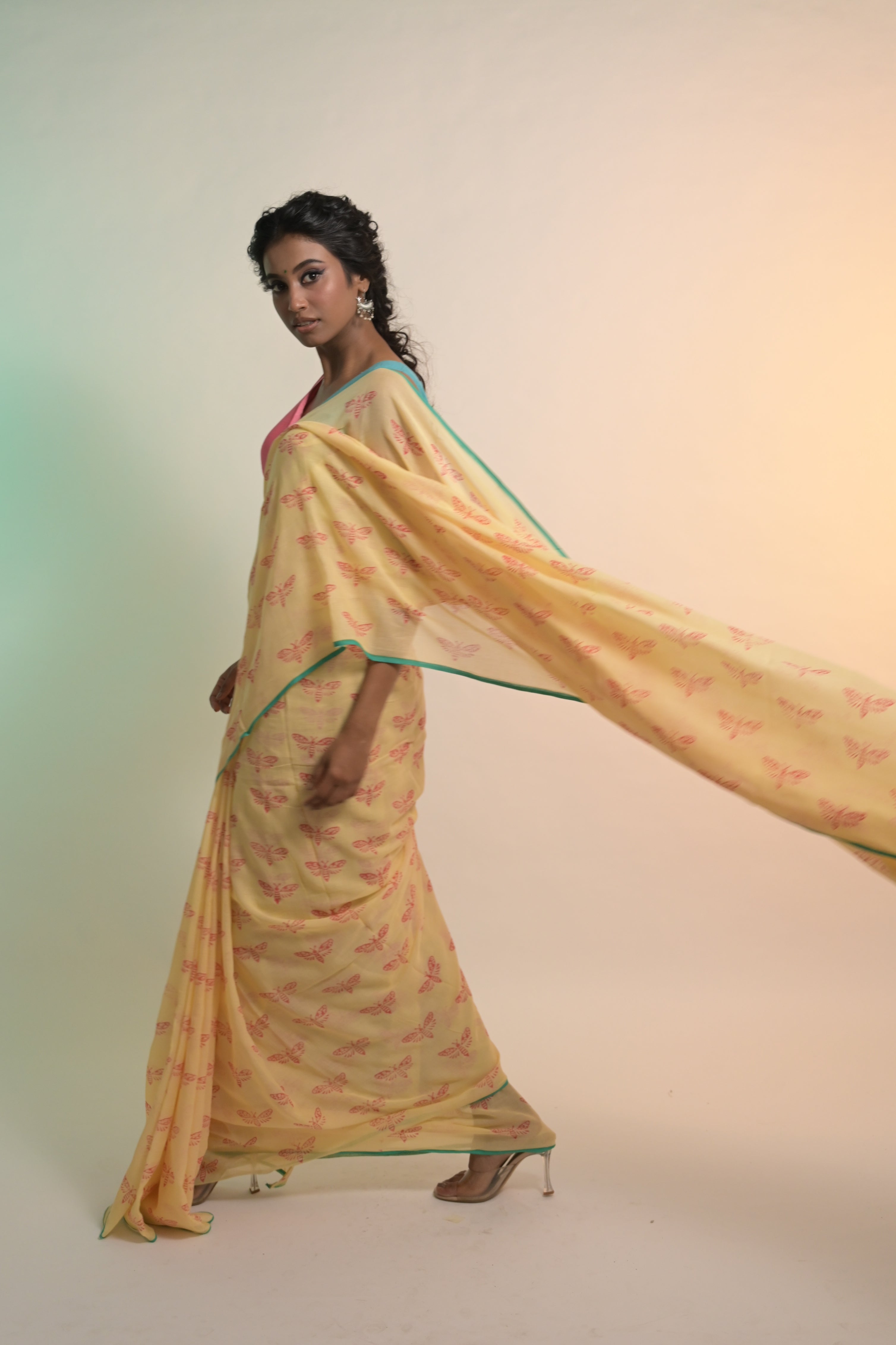 Flutterfly I Soft Yellow Handloom Mul Cotton Saree with Handblock-Printed Butterfly Motifs