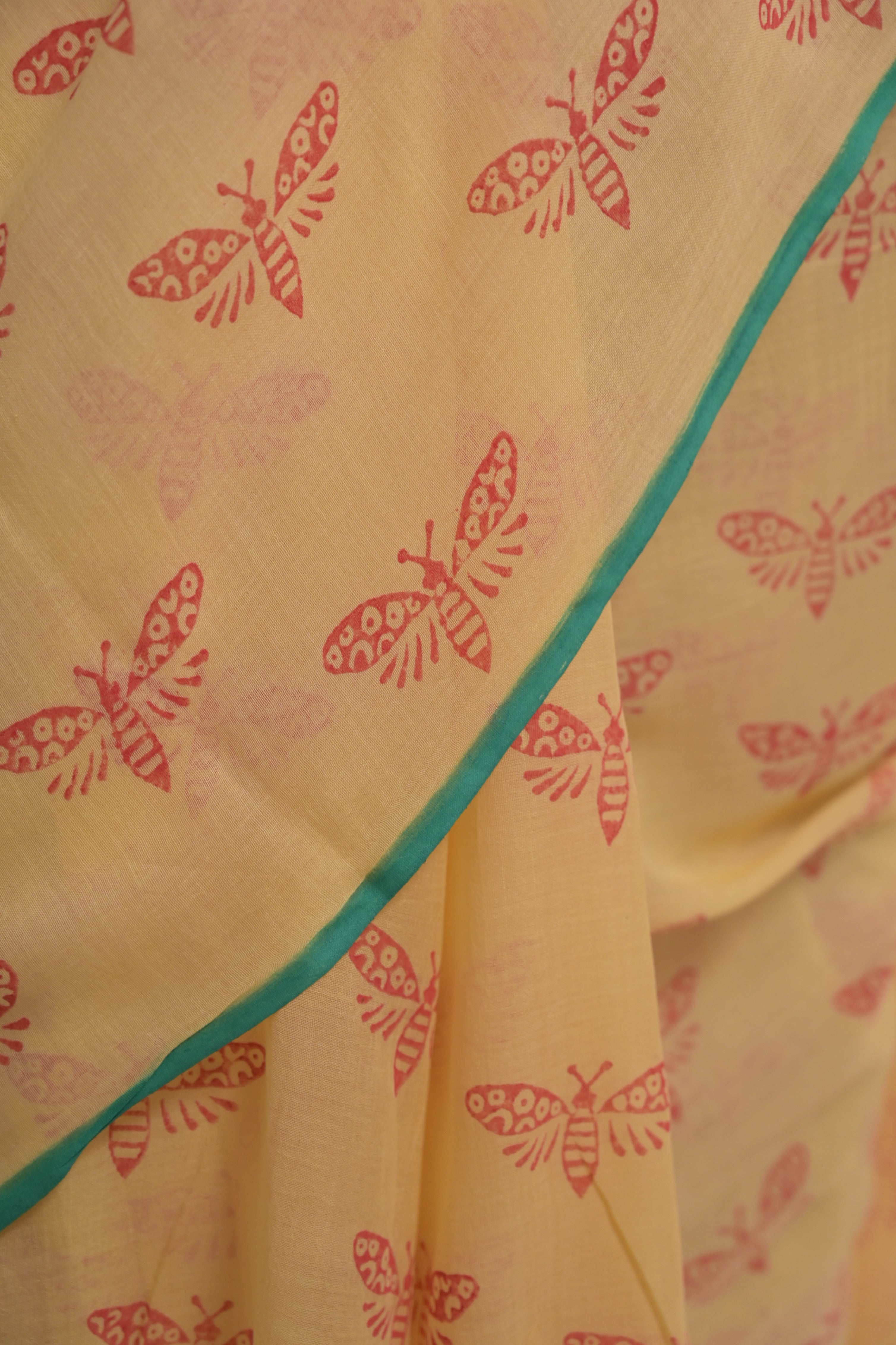 Flutterfly I Soft Yellow Handloom Mul Cotton Saree with Handblock-Printed Butterfly Motifs