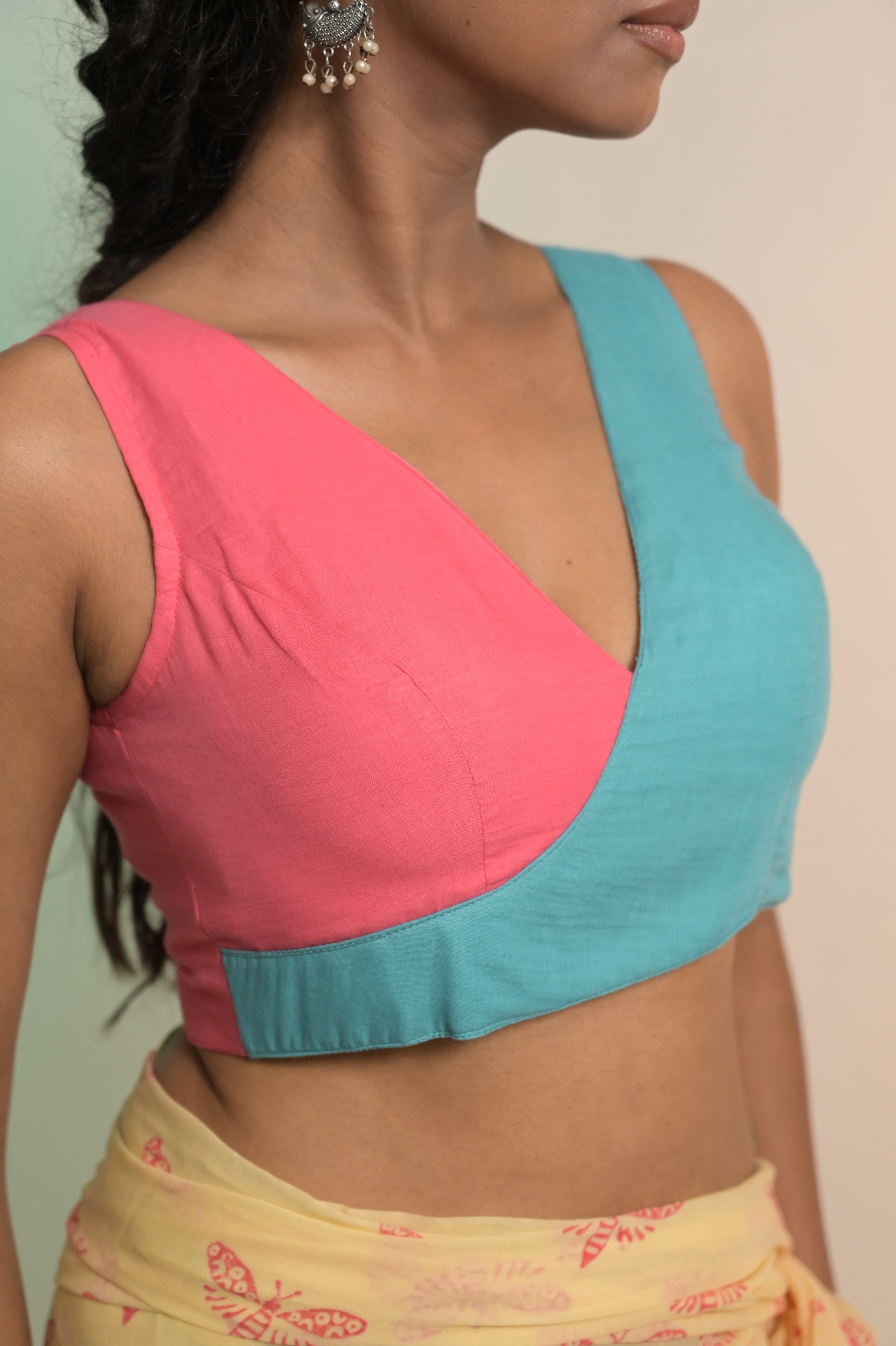 Titli I Light Blue and Pink Dual Colour Handloom Mul Cotton Designer Blouse