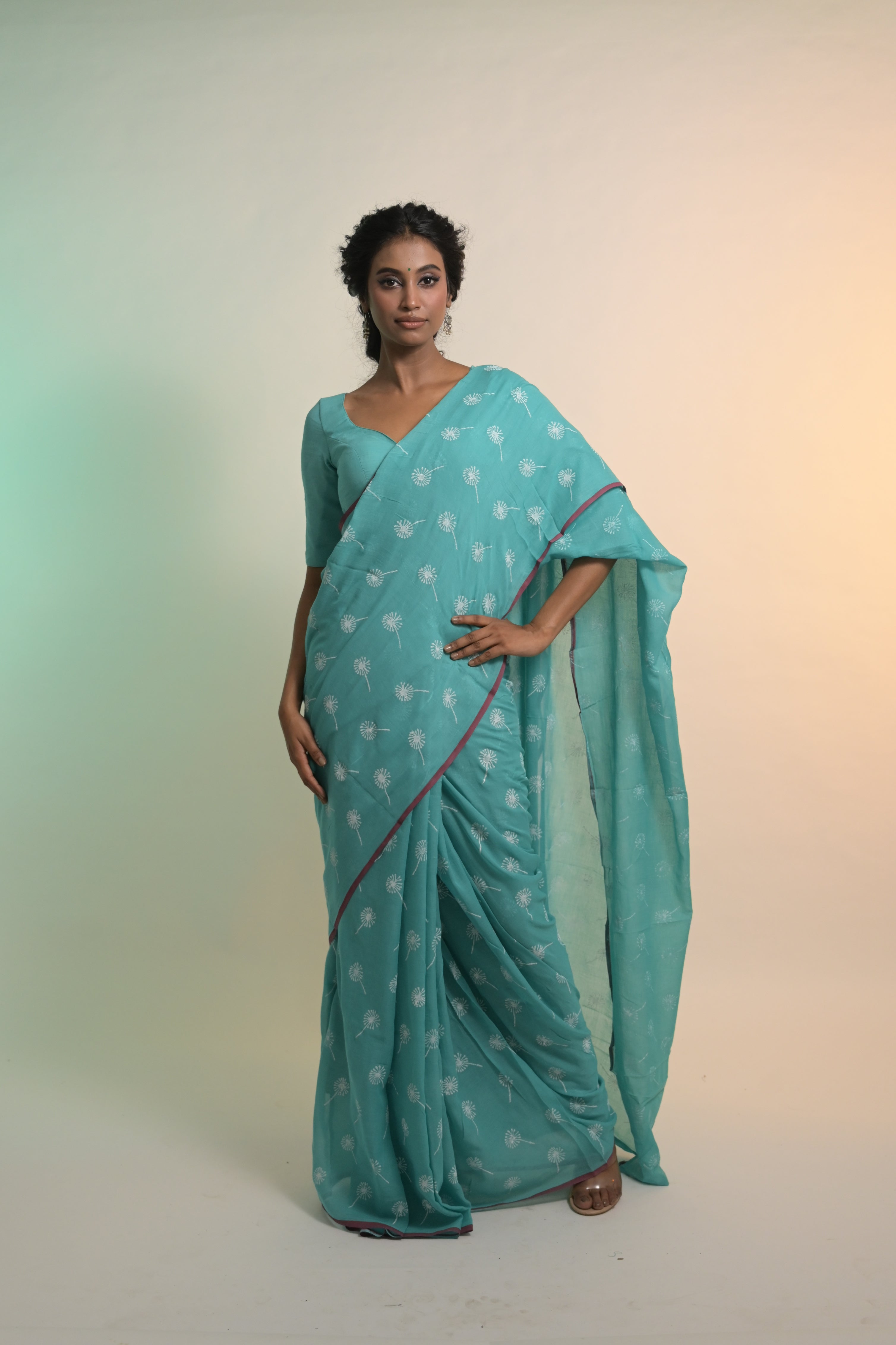 Dandelions I Turquoise Blue Handloom Mul Cotton Saree with Handblock-Printed Dandelion Motifs
