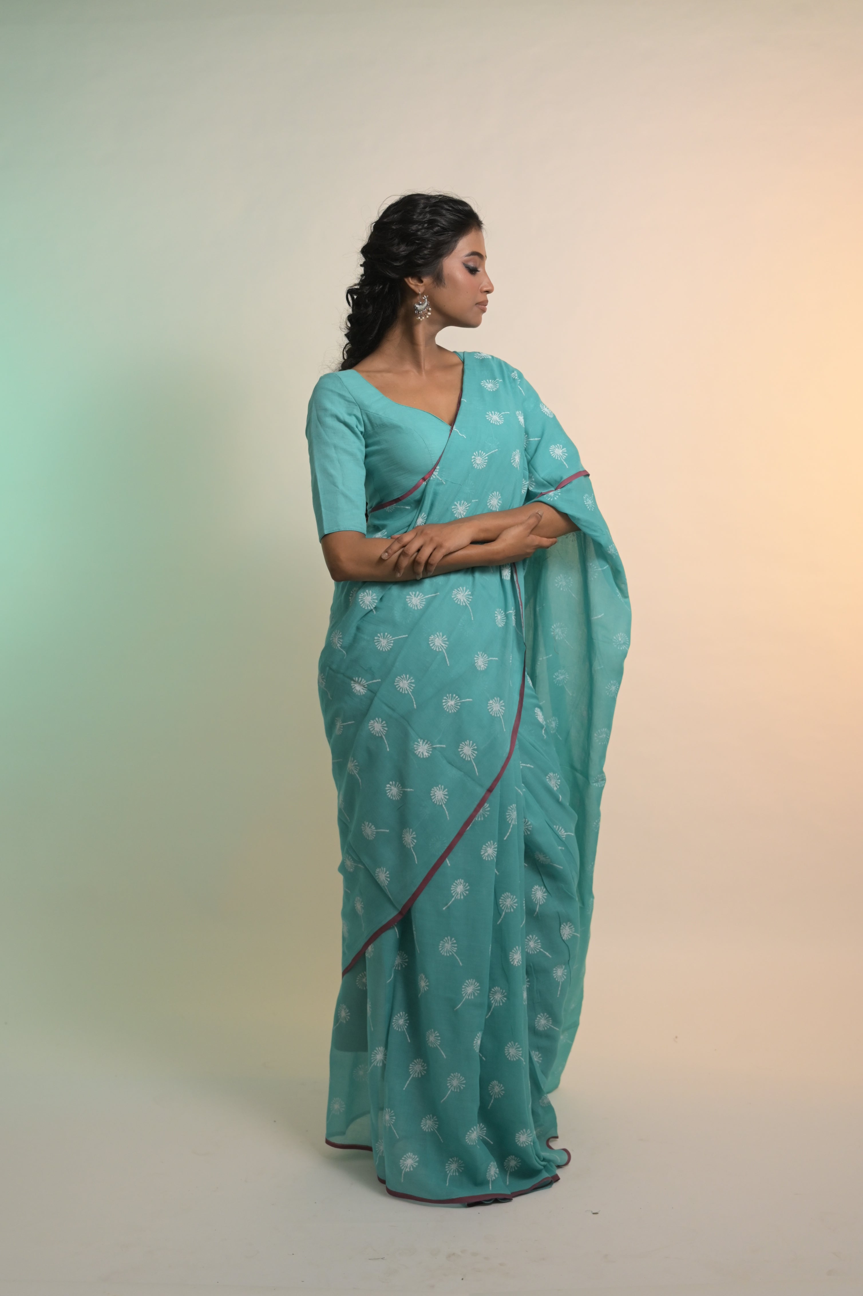 Dandelions I Turquoise Blue Handloom Mul Cotton Saree with Handblock-Printed Dandelion Motifs