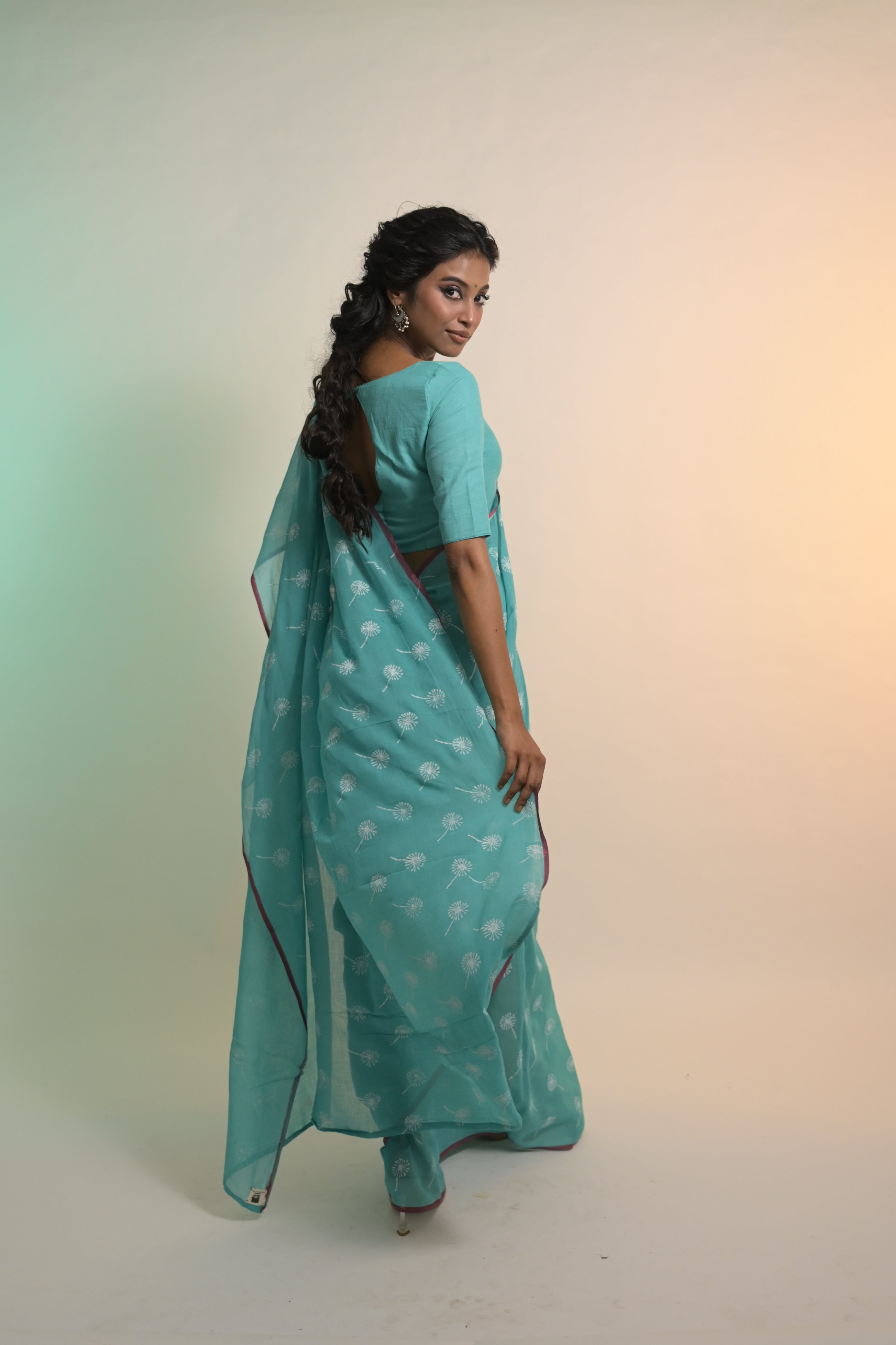 Dandelions I Turquoise Blue Handloom Mul Cotton Saree with Handblock-Printed Dandelion Motifs