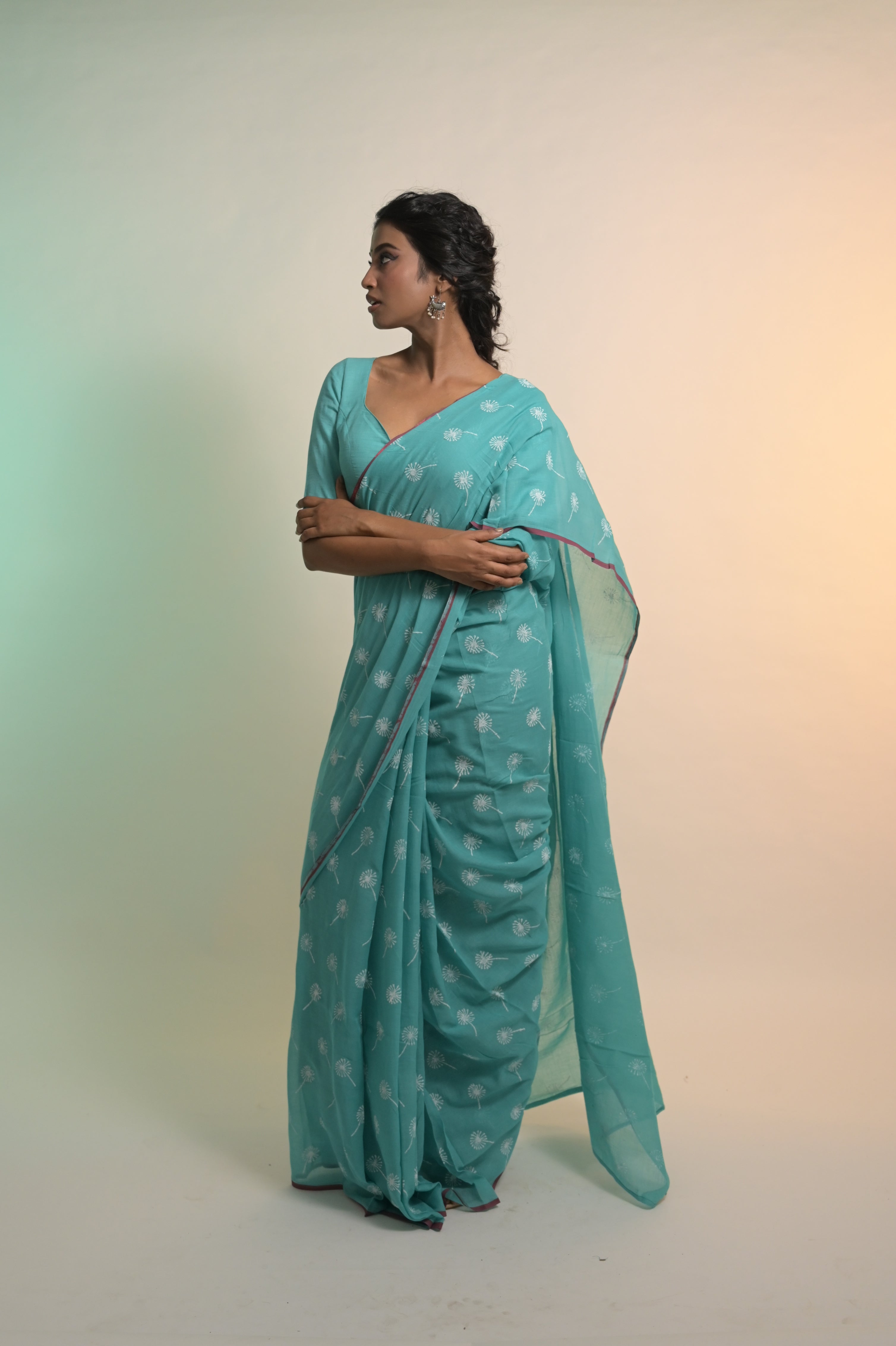 Dandelions I Turquoise Blue Handloom Mul Cotton Saree with Handblock-Printed Dandelion Motifs