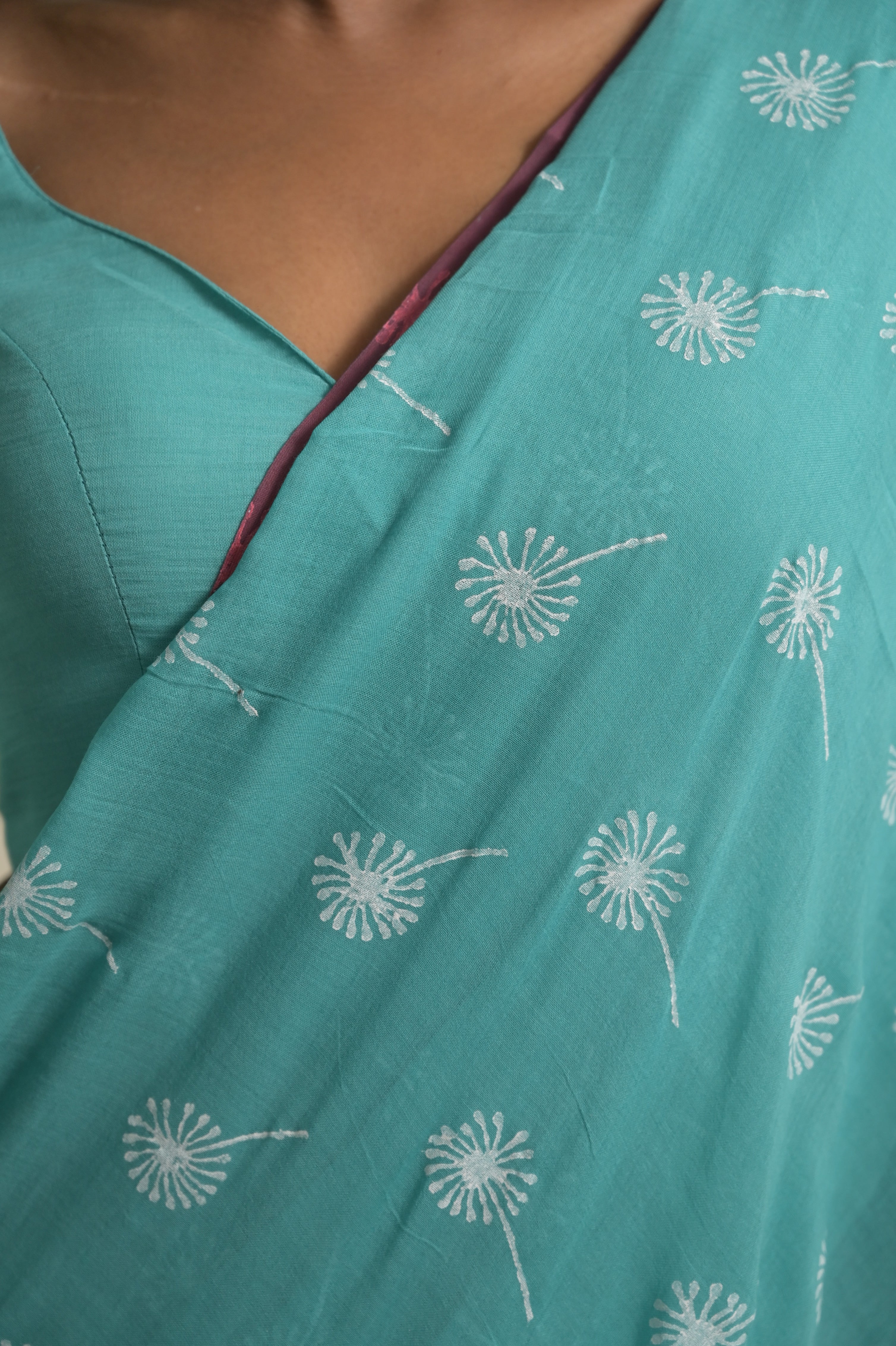 Dandelions I Turquoise Blue Handloom Mul Cotton Saree with Handblock-Printed Dandelion Motifs