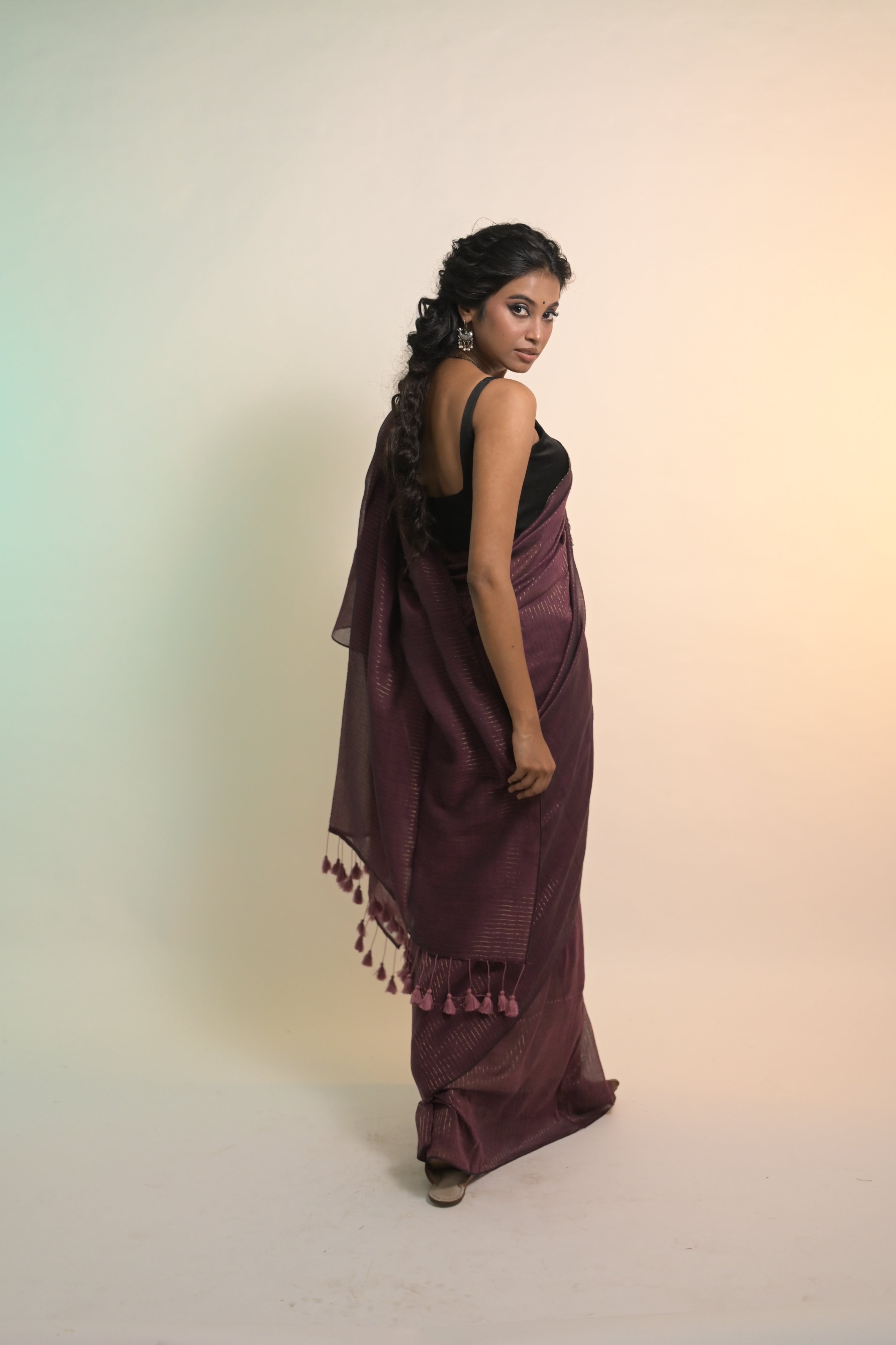 Kanchan I Burgundy Handloom Mul Cotton Saree with Zari Stripes