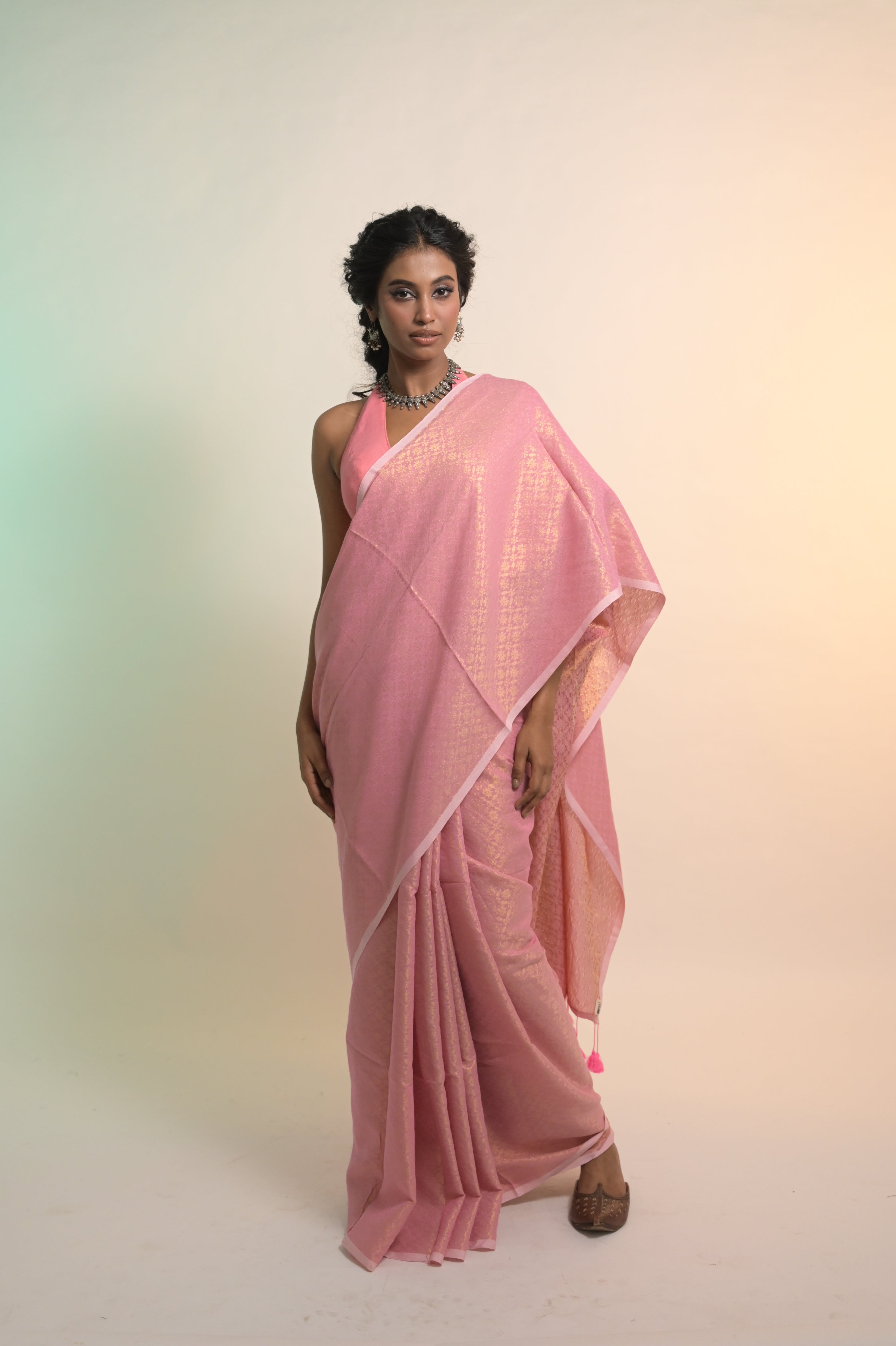 Gulabi Raaz I Baby Pink Handloom Cotton Brocade Saree with Tassels