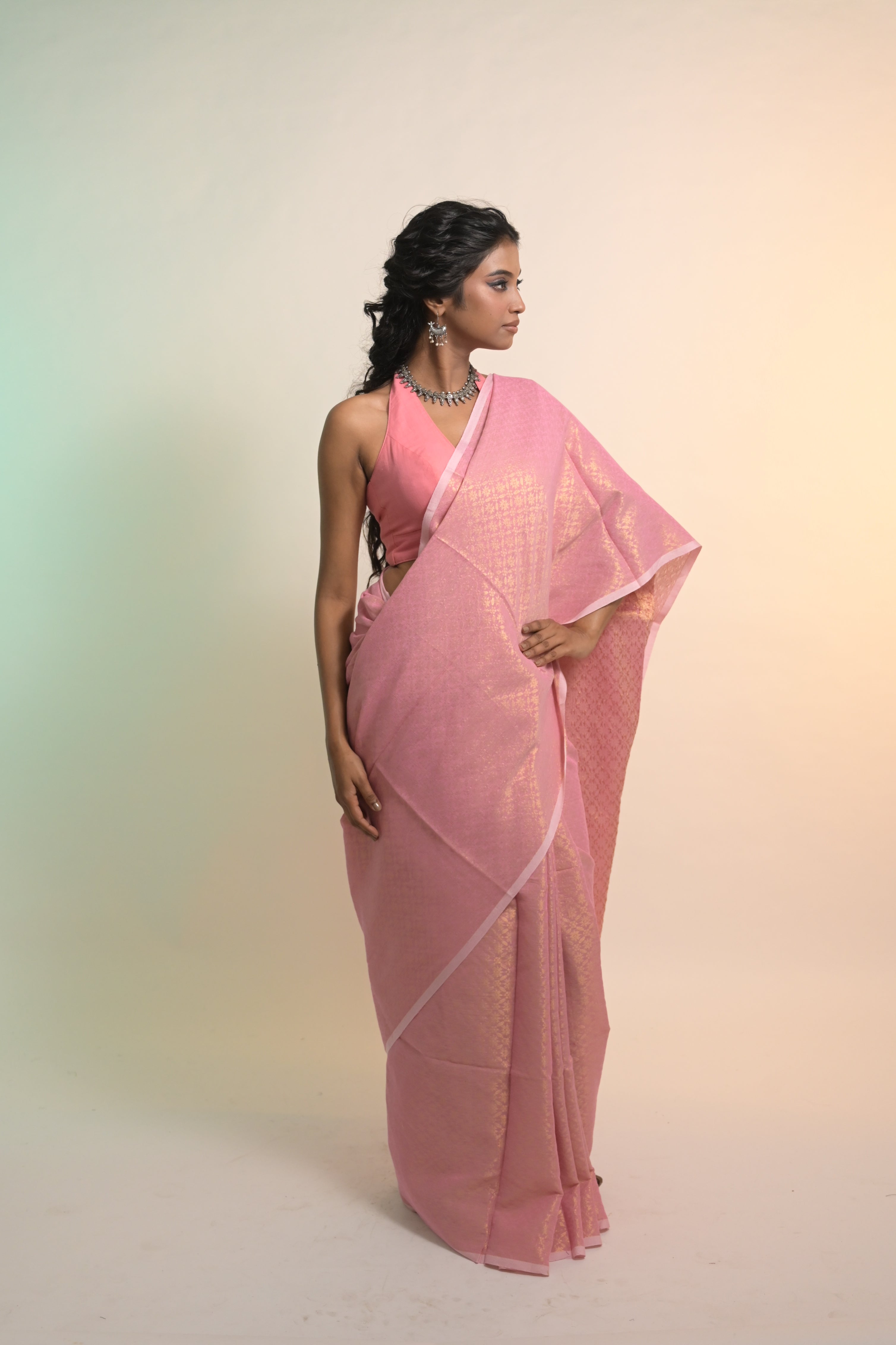 Gulabi Raaz I Baby Pink Handloom Cotton Brocade Saree with Tassels
