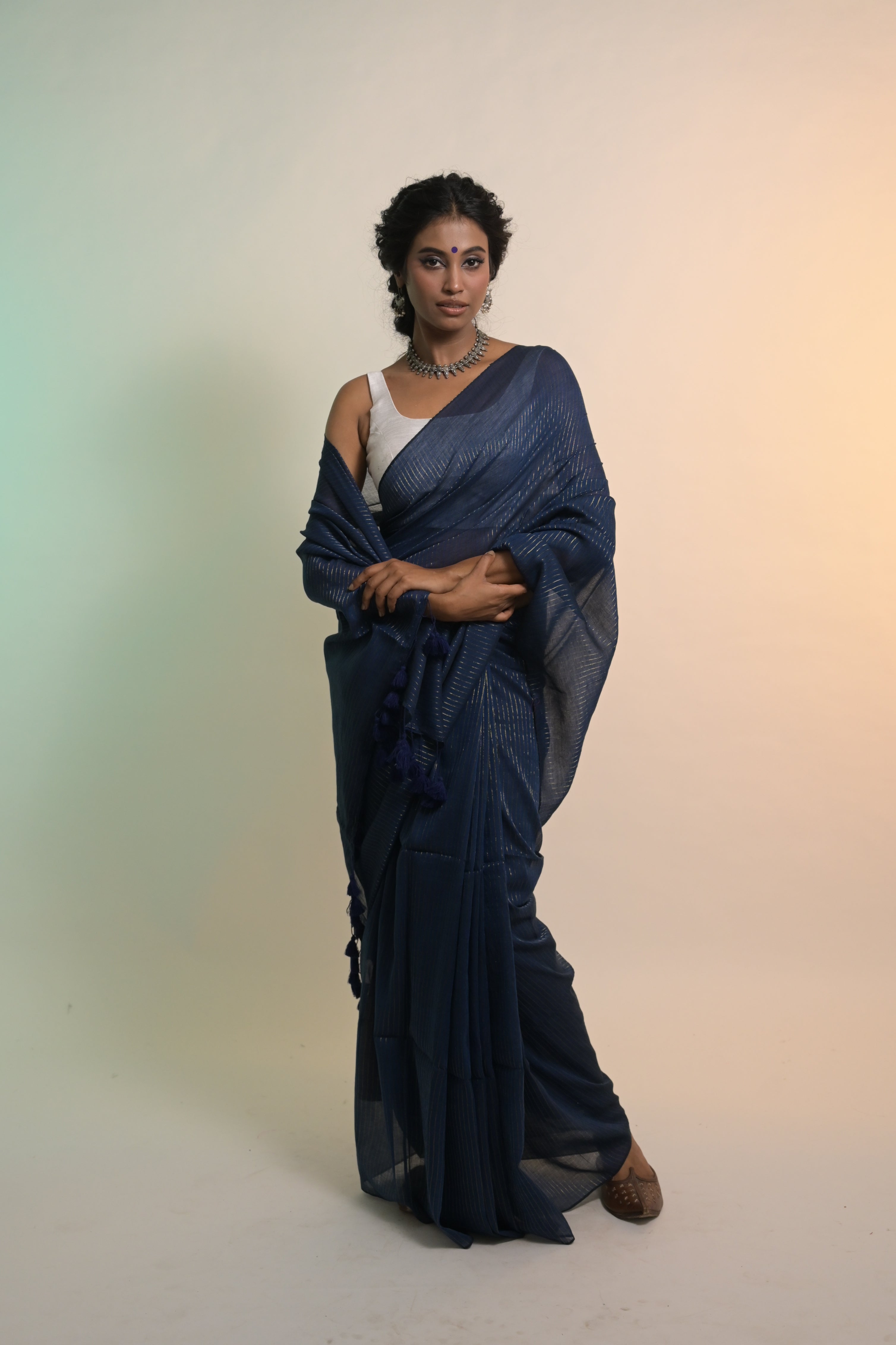 Jal Tarang I Navy Blue Handloom Mul Cotton Saree with Zari Stripes
