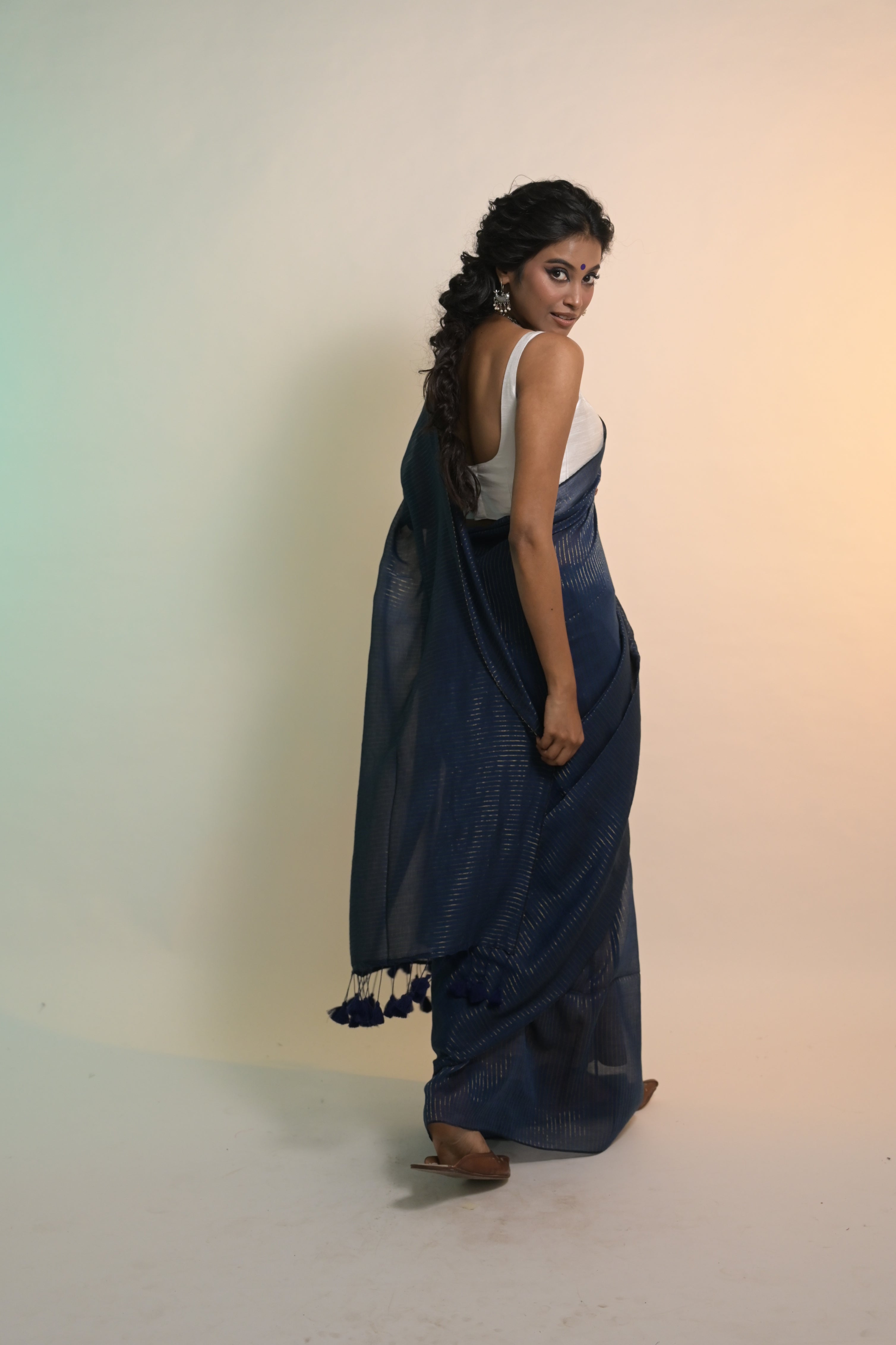 Jal Tarang I Navy Blue Handloom Mul Cotton Saree with Zari Stripes