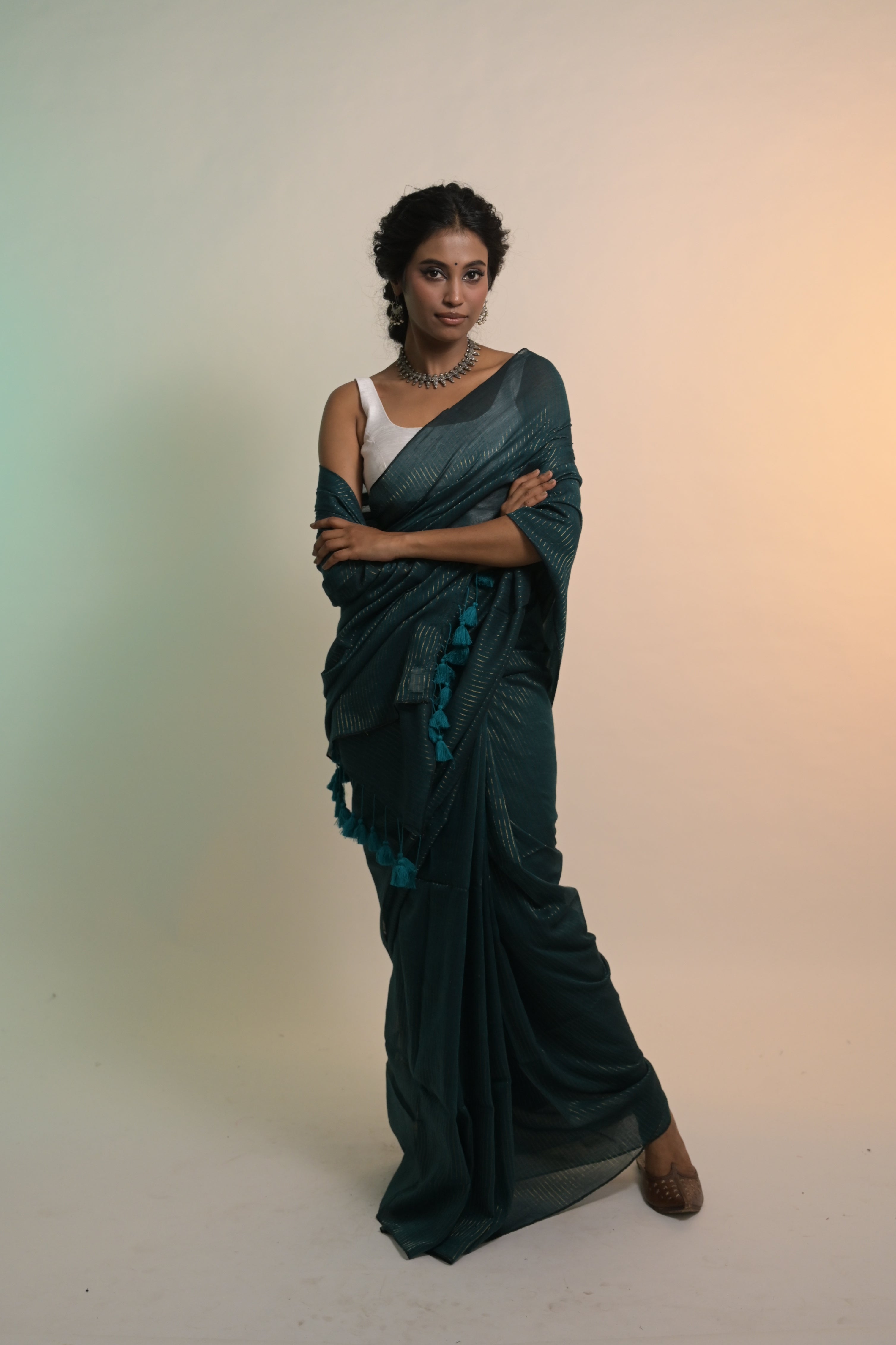 Harit Shringaar I Viridian Green Handloom Mul Cotton Saree with Zari Stripes