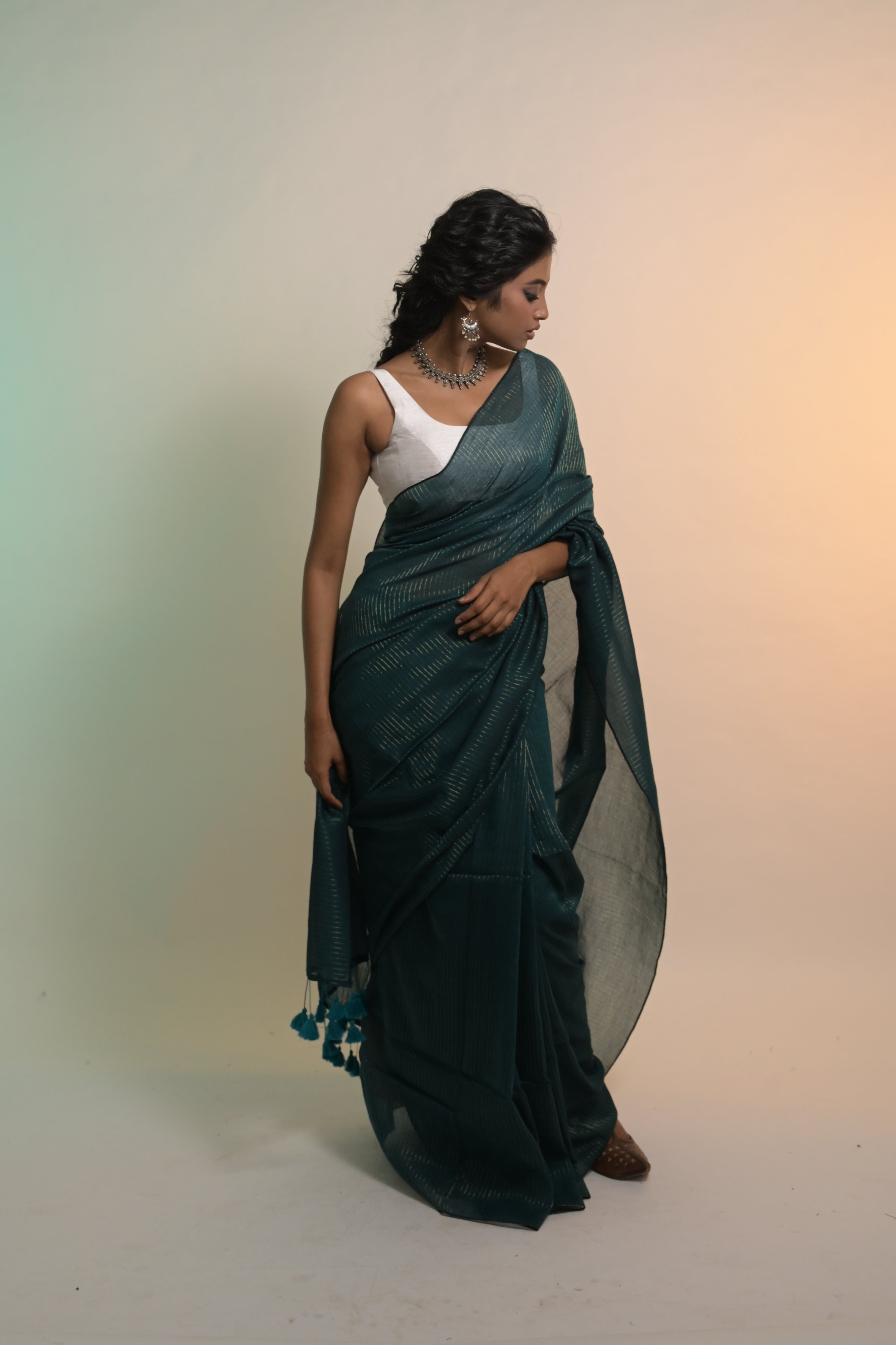 Harit Shringaar I Viridian Green Handloom Mul Cotton Saree with Zari Stripes