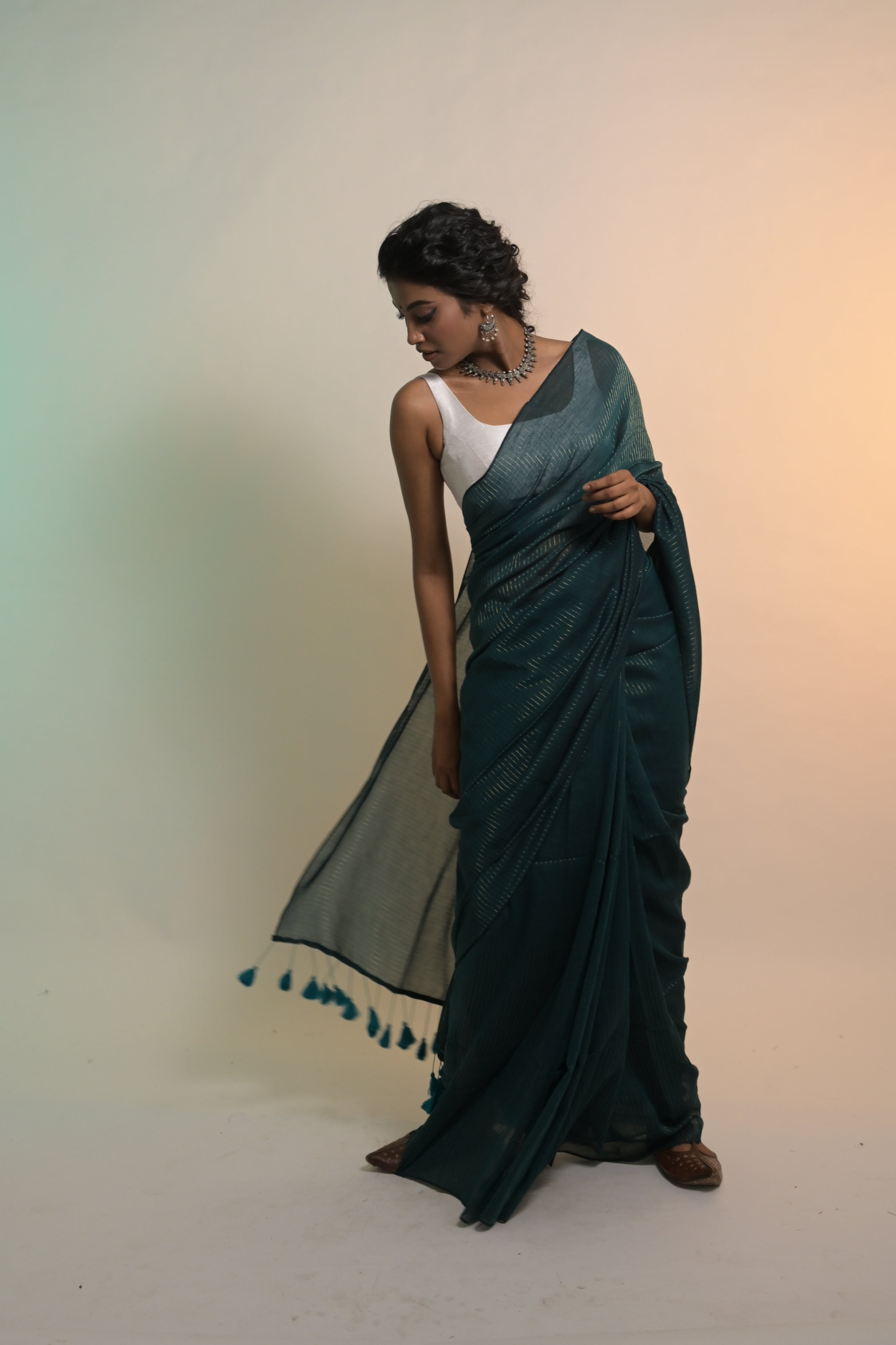 Harit Shringaar I Viridian Green Handloom Mul Cotton Saree with Zari Stripes