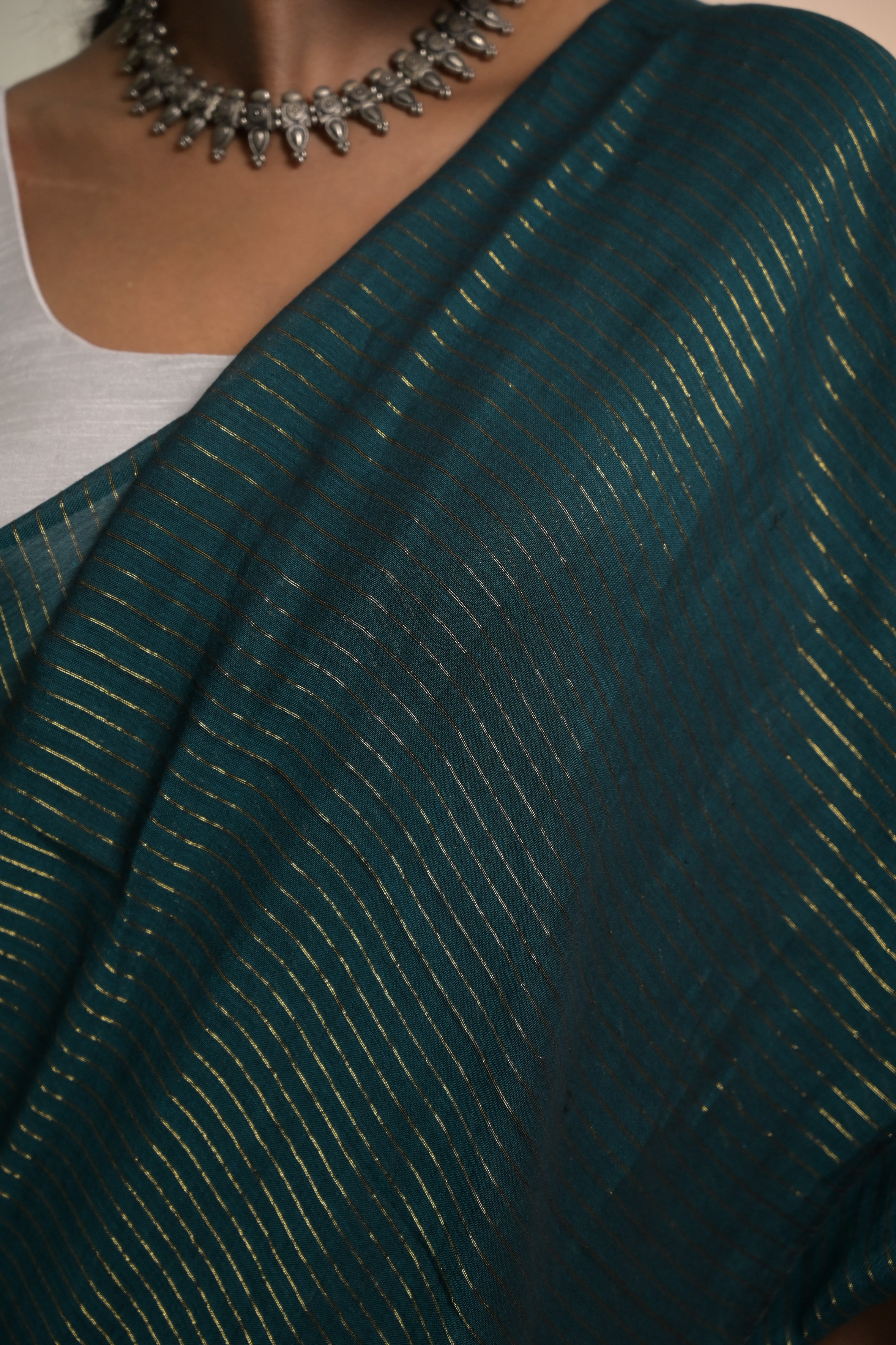 Harit Shringaar I Viridian Green Handloom Mul Cotton Saree with Zari Stripes