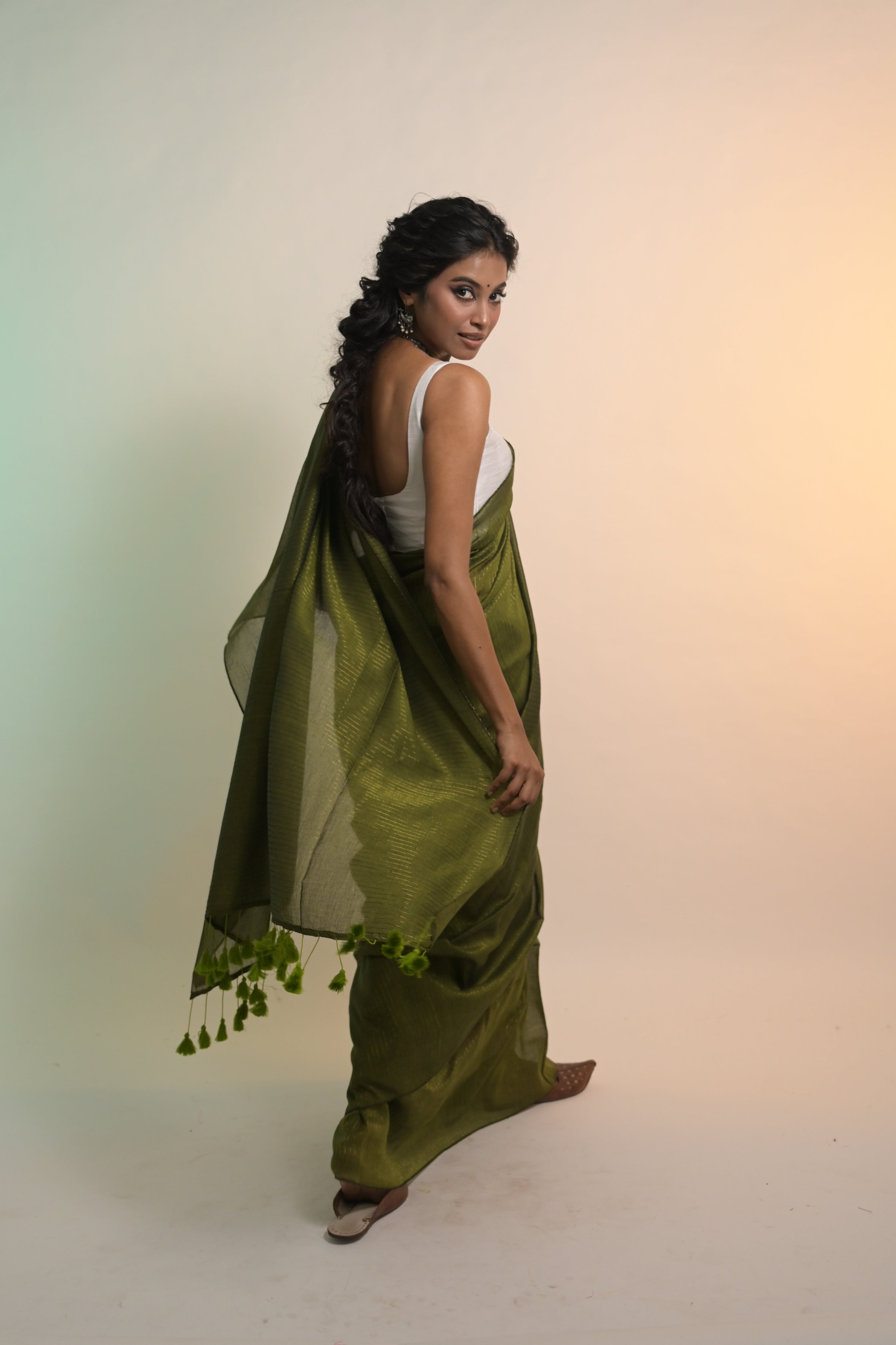 Kanak I Olive Green Handloom Mul Cotton Saree with Zari Stripes
