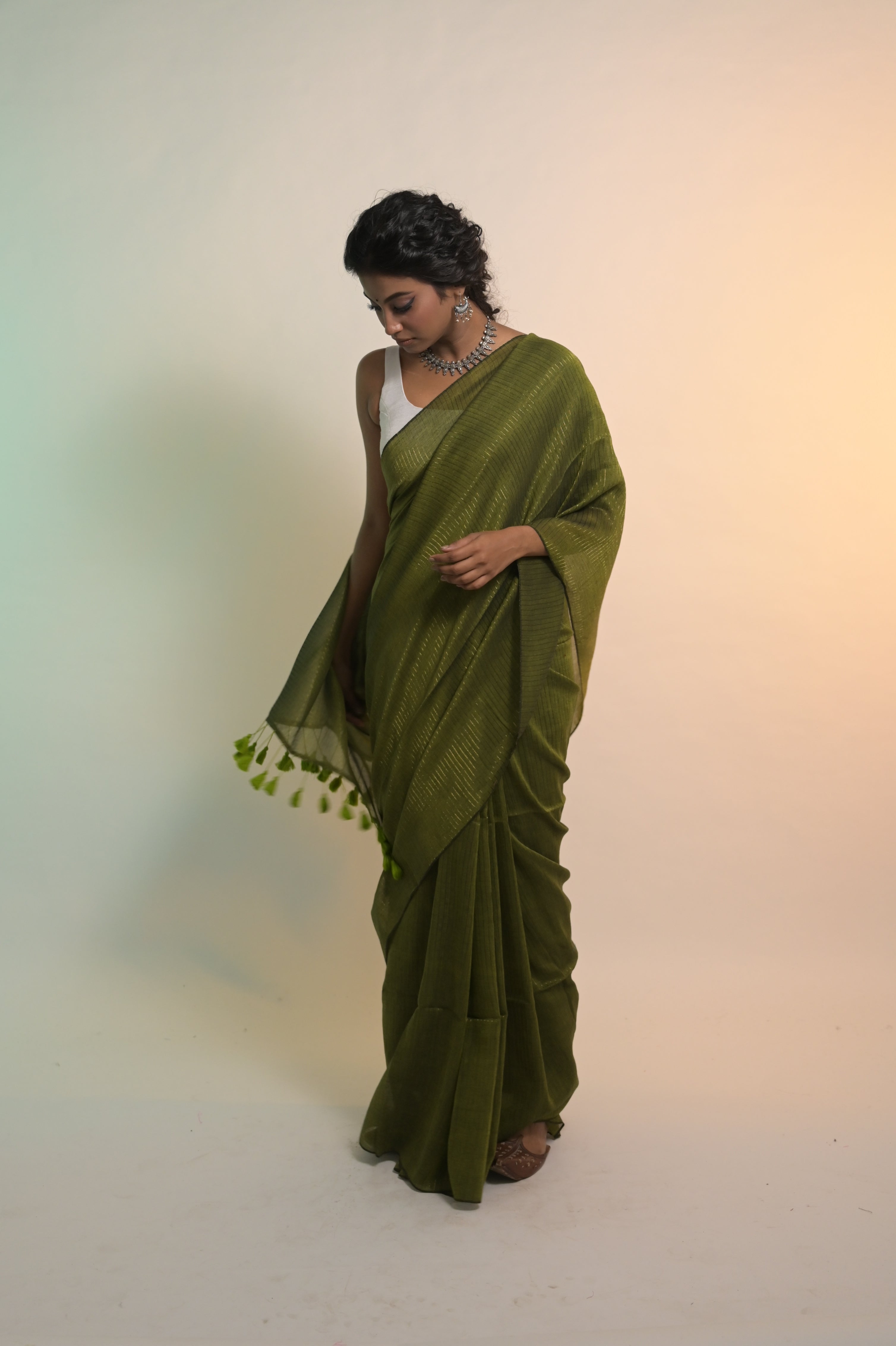 Kanak I Olive Green Handloom Mul Cotton Saree with Zari Stripes