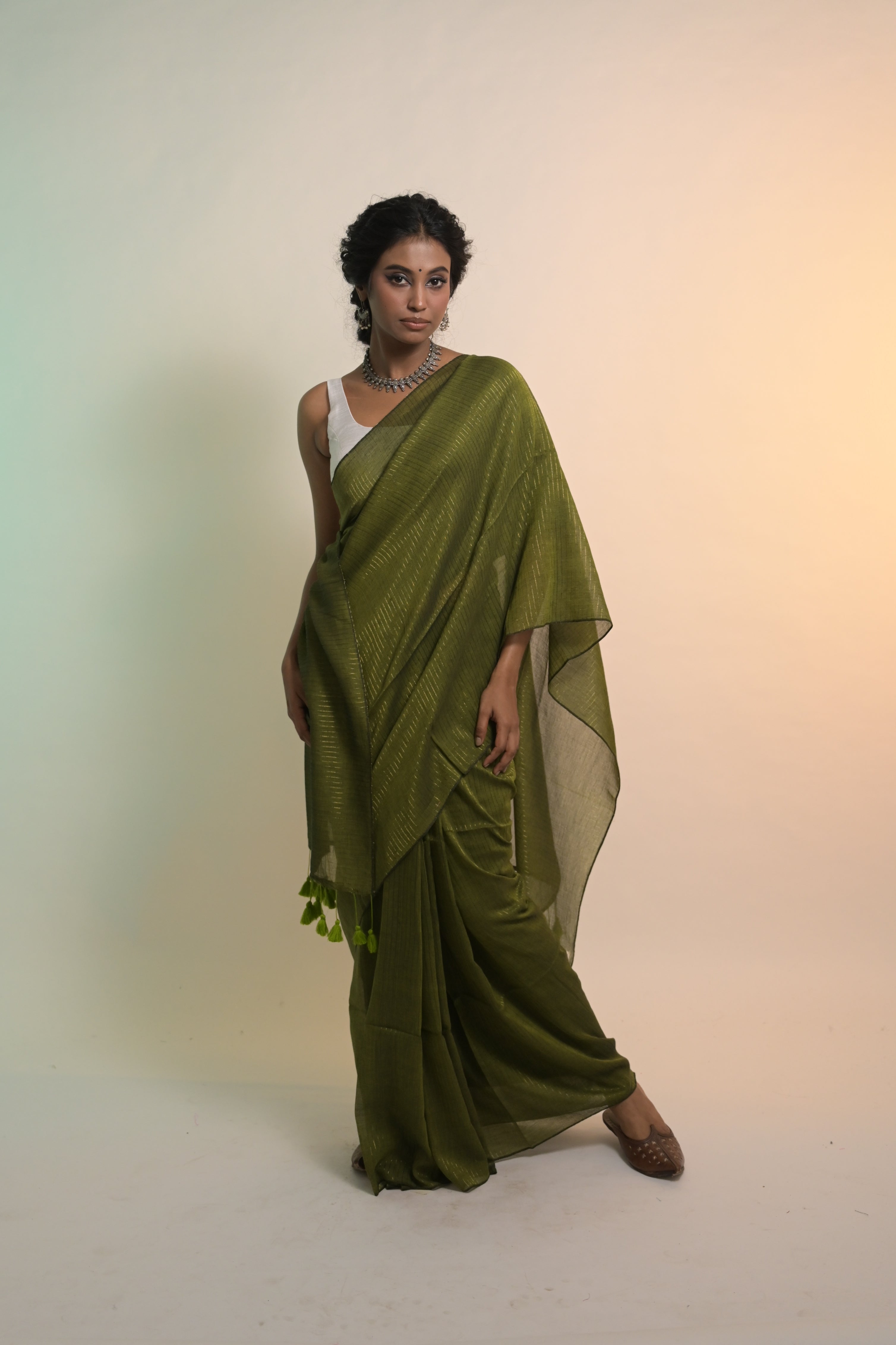Kanak I Olive Green Handloom Mul Cotton Saree with Zari Stripes