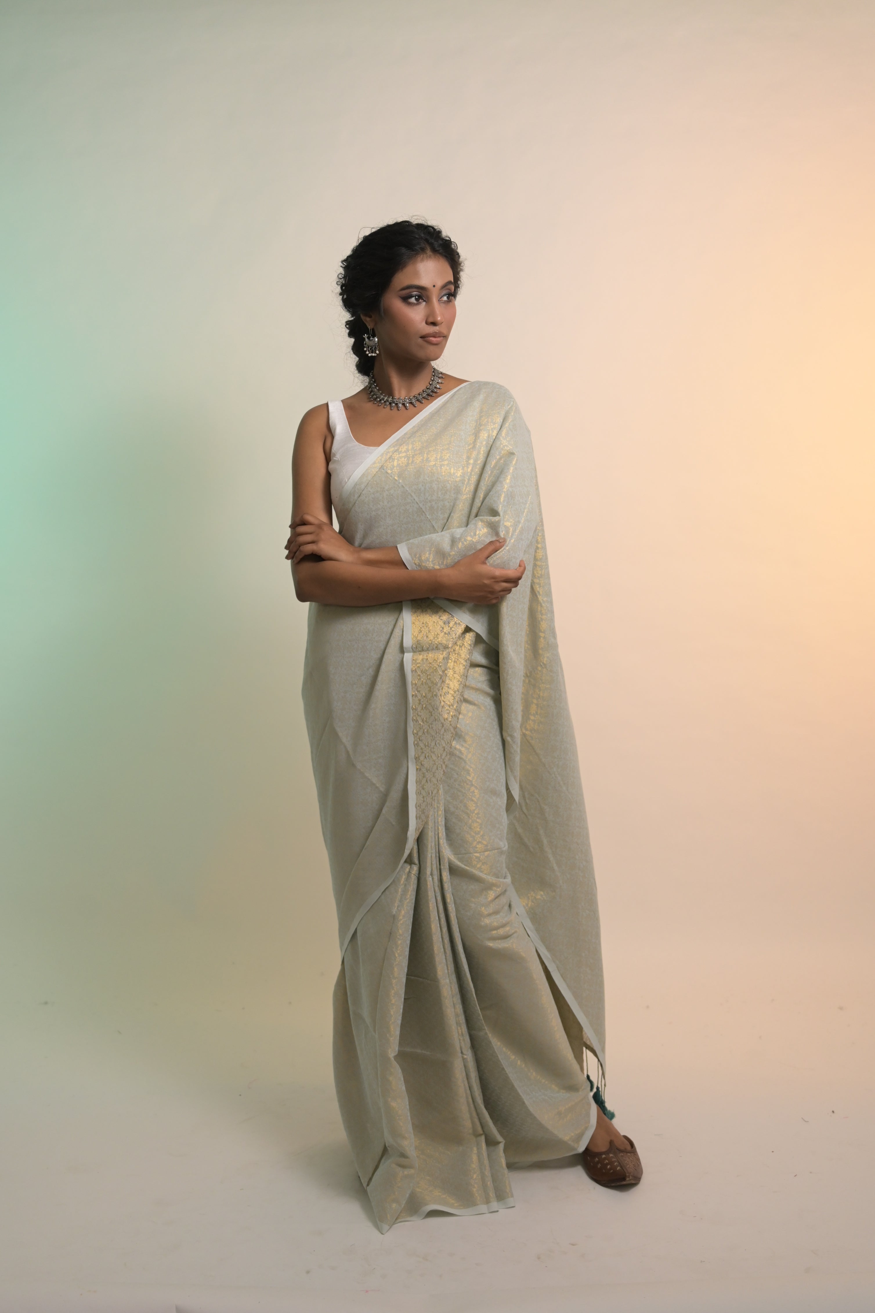 Chandni Leher I Pastel Blue Handloom Cotton Brocade Saree with Tassels