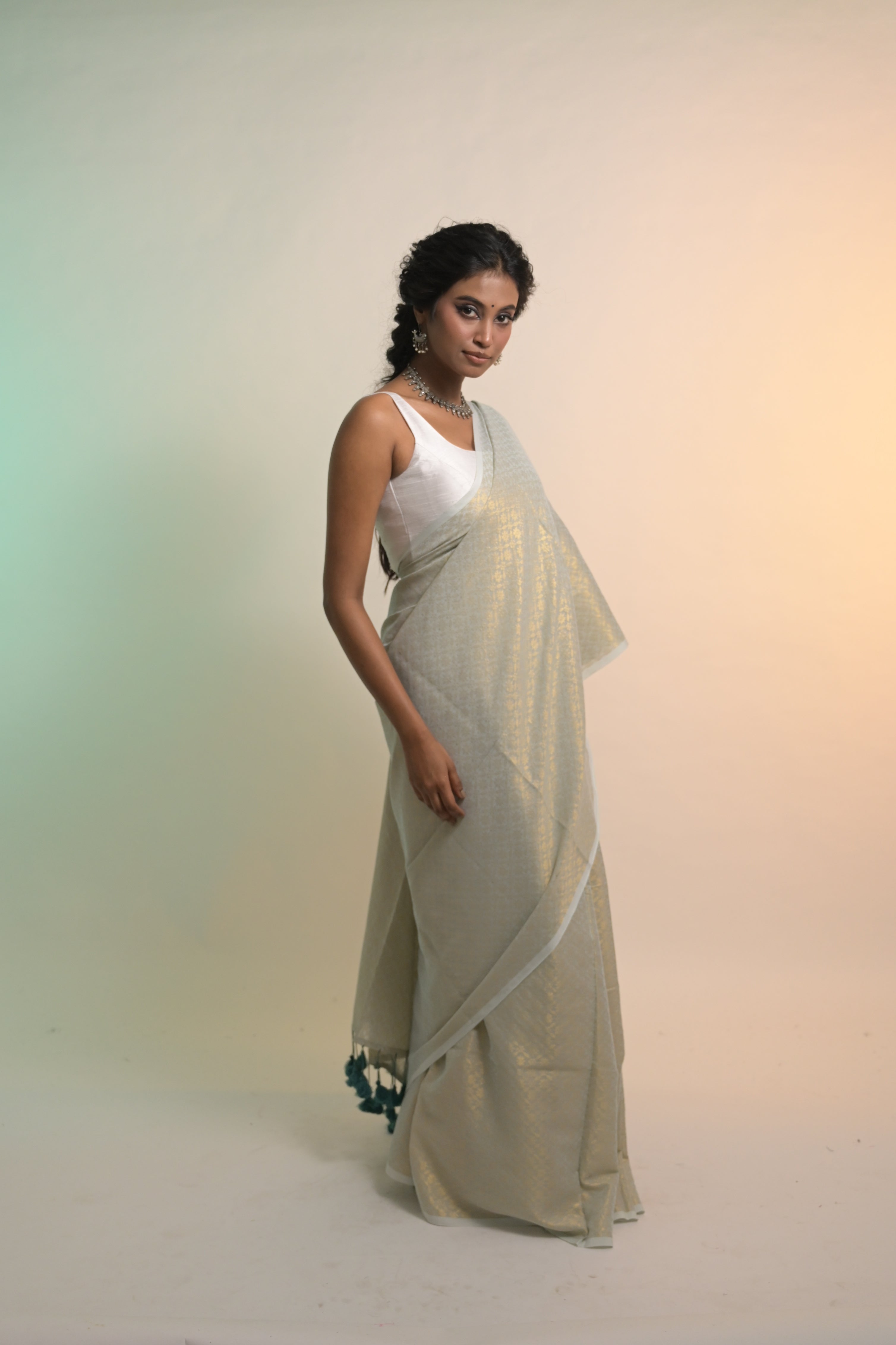 Chandni Leher I Pastel Blue Handloom Cotton Brocade Saree with Tassels