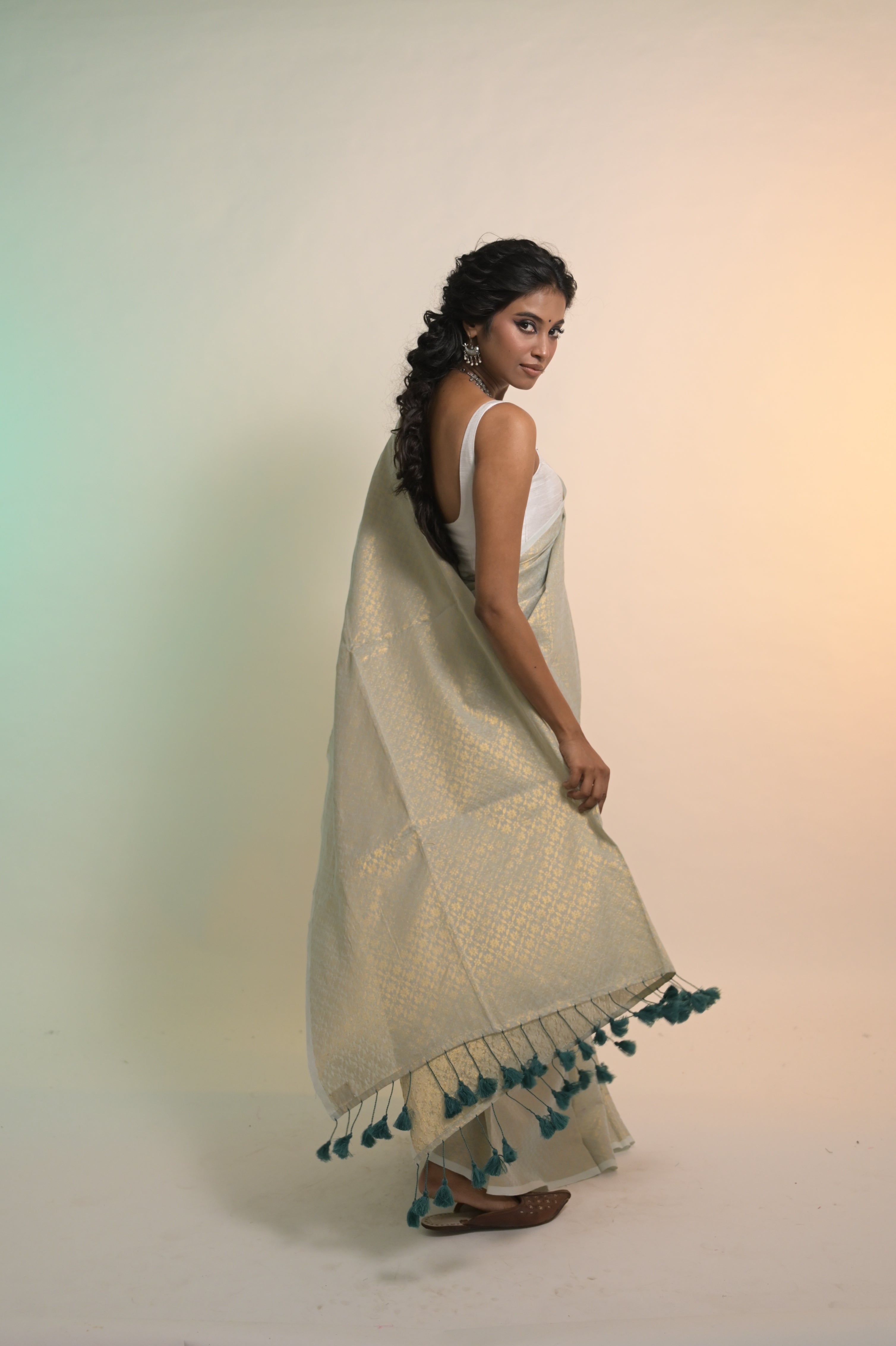 Chandni Leher I Pastel Blue Handloom Cotton Brocade Saree with Tassels