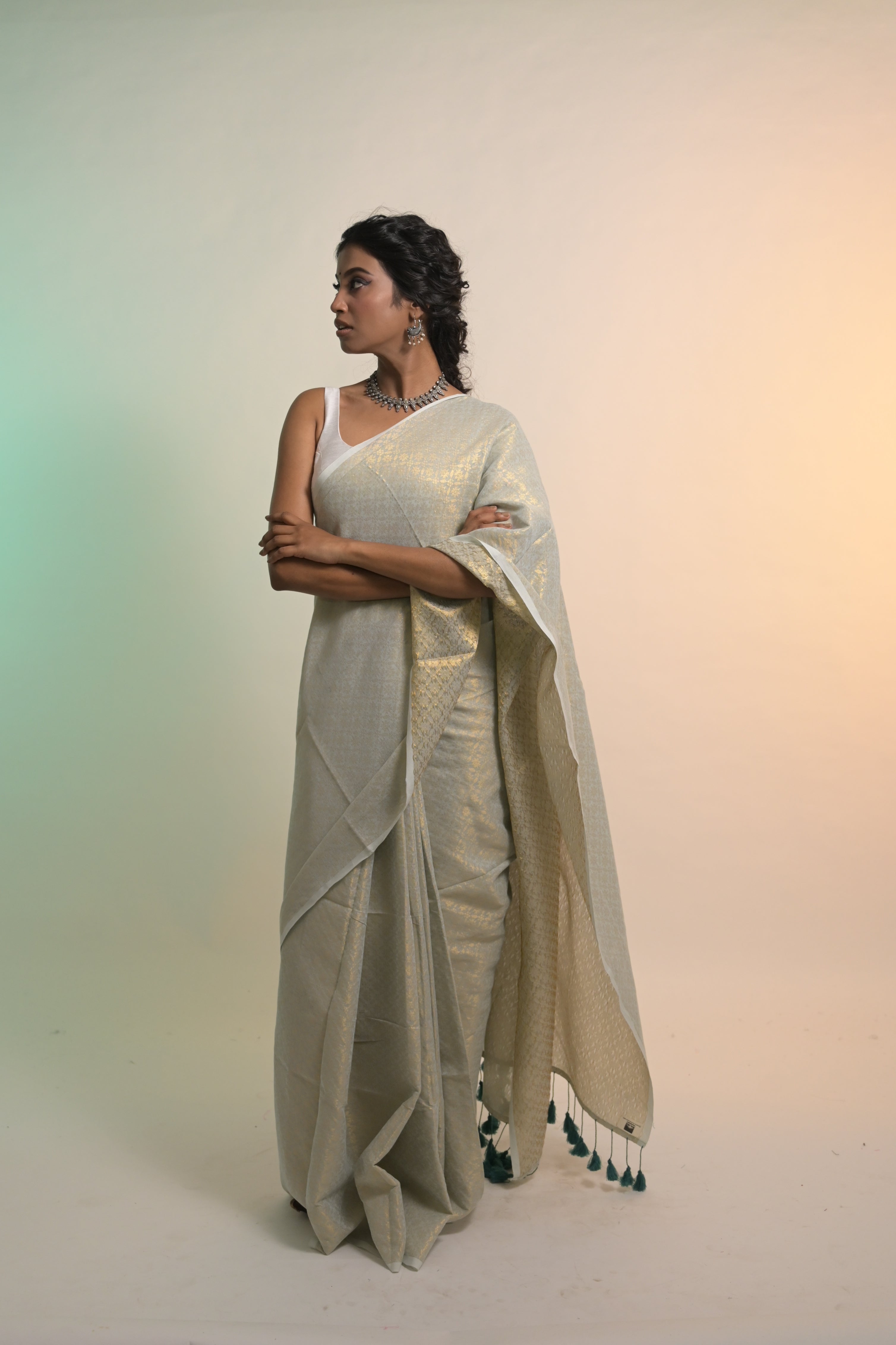 Chandni Leher I Pastel Blue Handloom Cotton Brocade Saree with Tassels