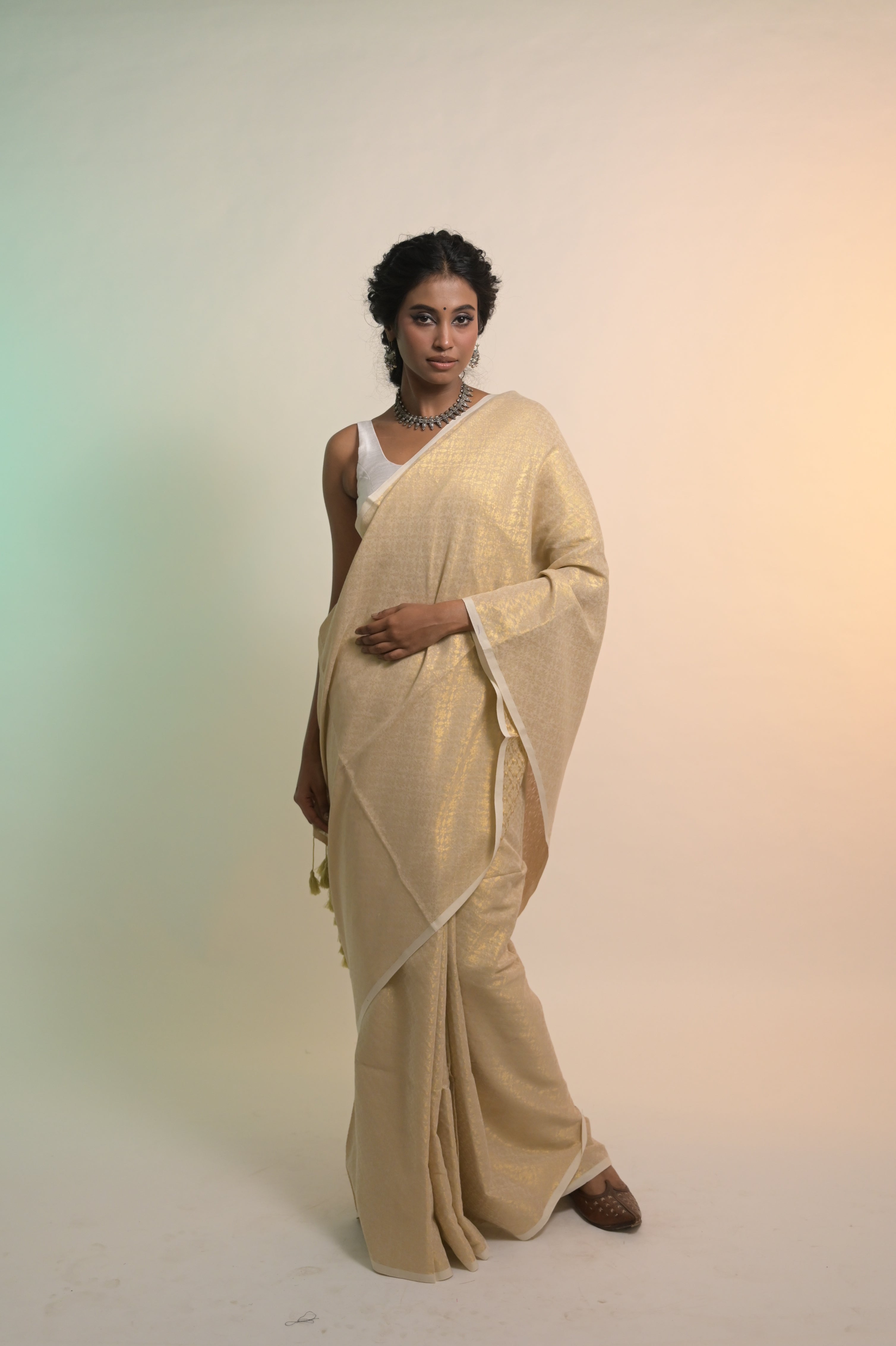 Chandni Raag I Ivory Handloom Cotton Brocade Saree with Tassels