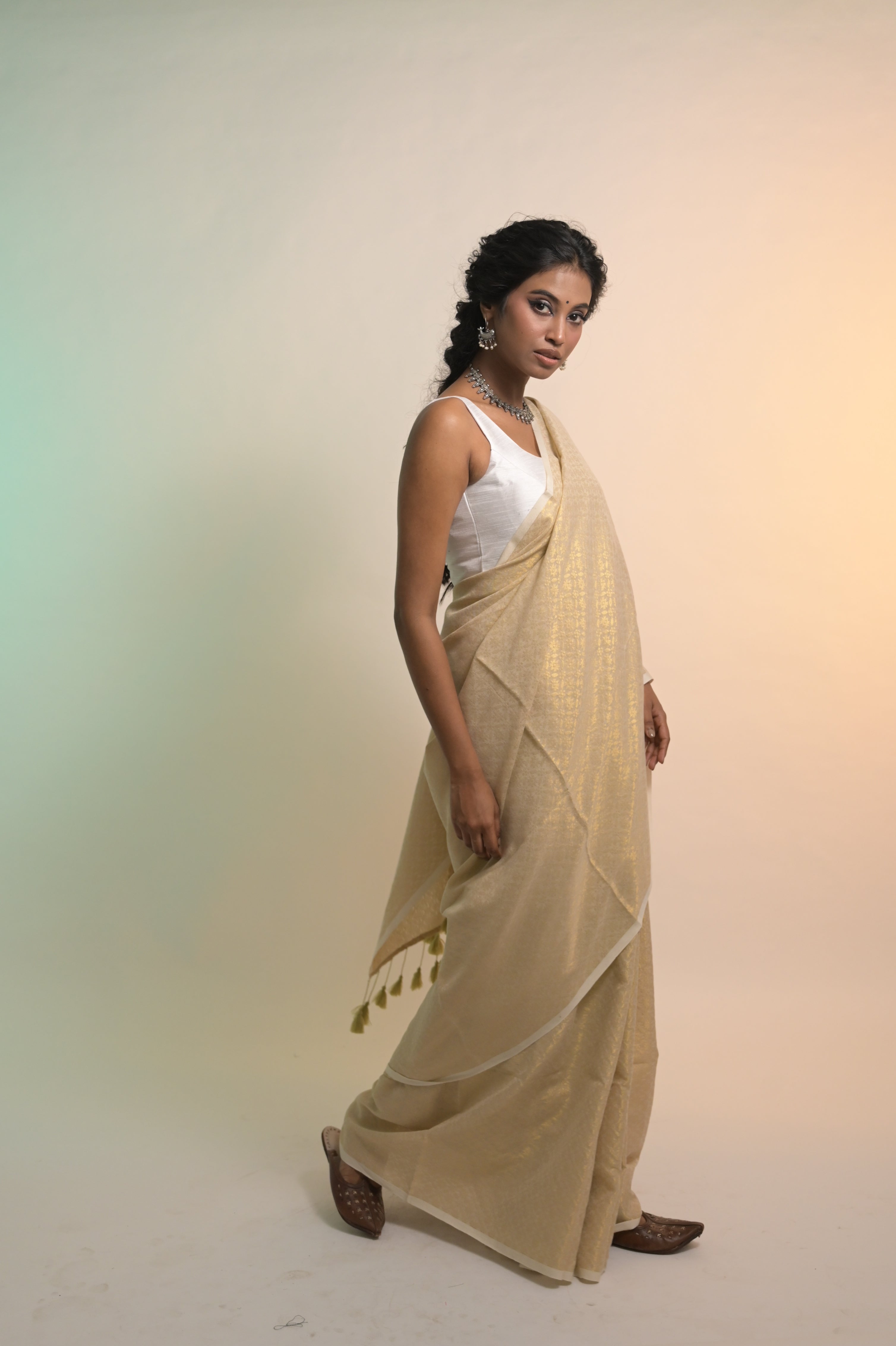 Chandni Raag I Ivory Handloom Cotton Brocade Saree with Tassels