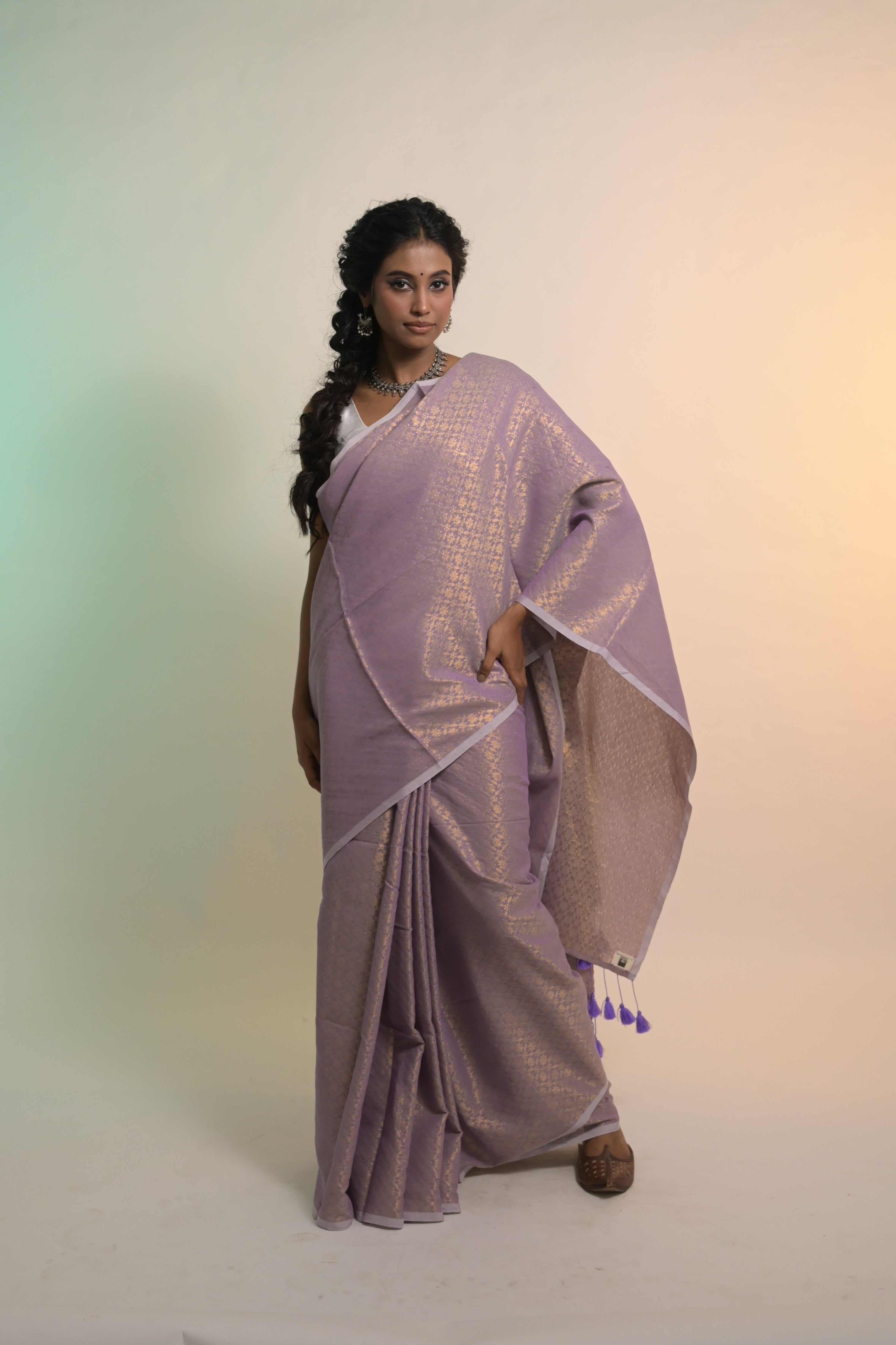 Lavender Raga I Lavender Handloom Cotton Brocade Saree with Tassels