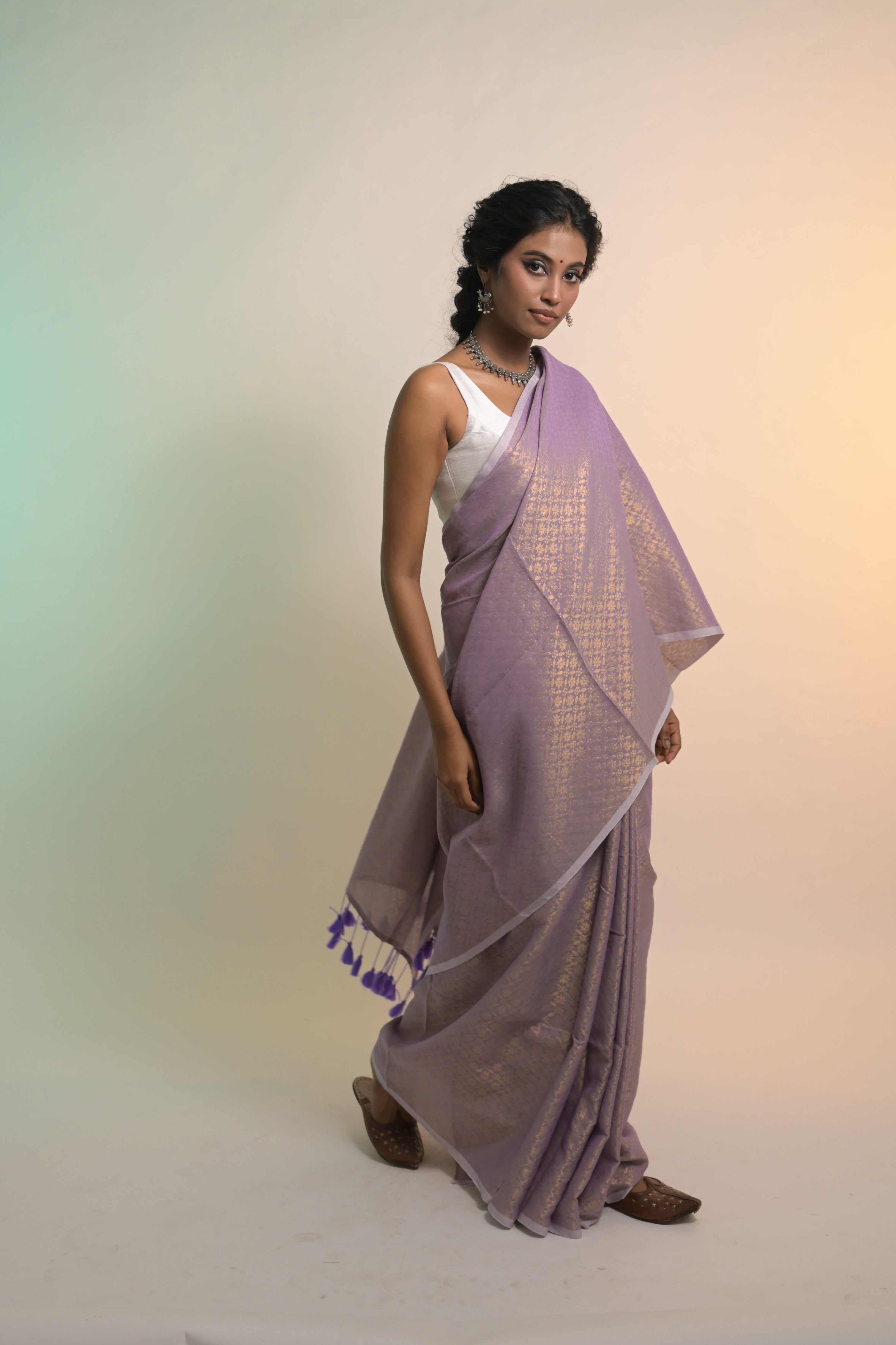 Lavender Raga I Lavender Handloom Cotton Brocade Saree with Tassels