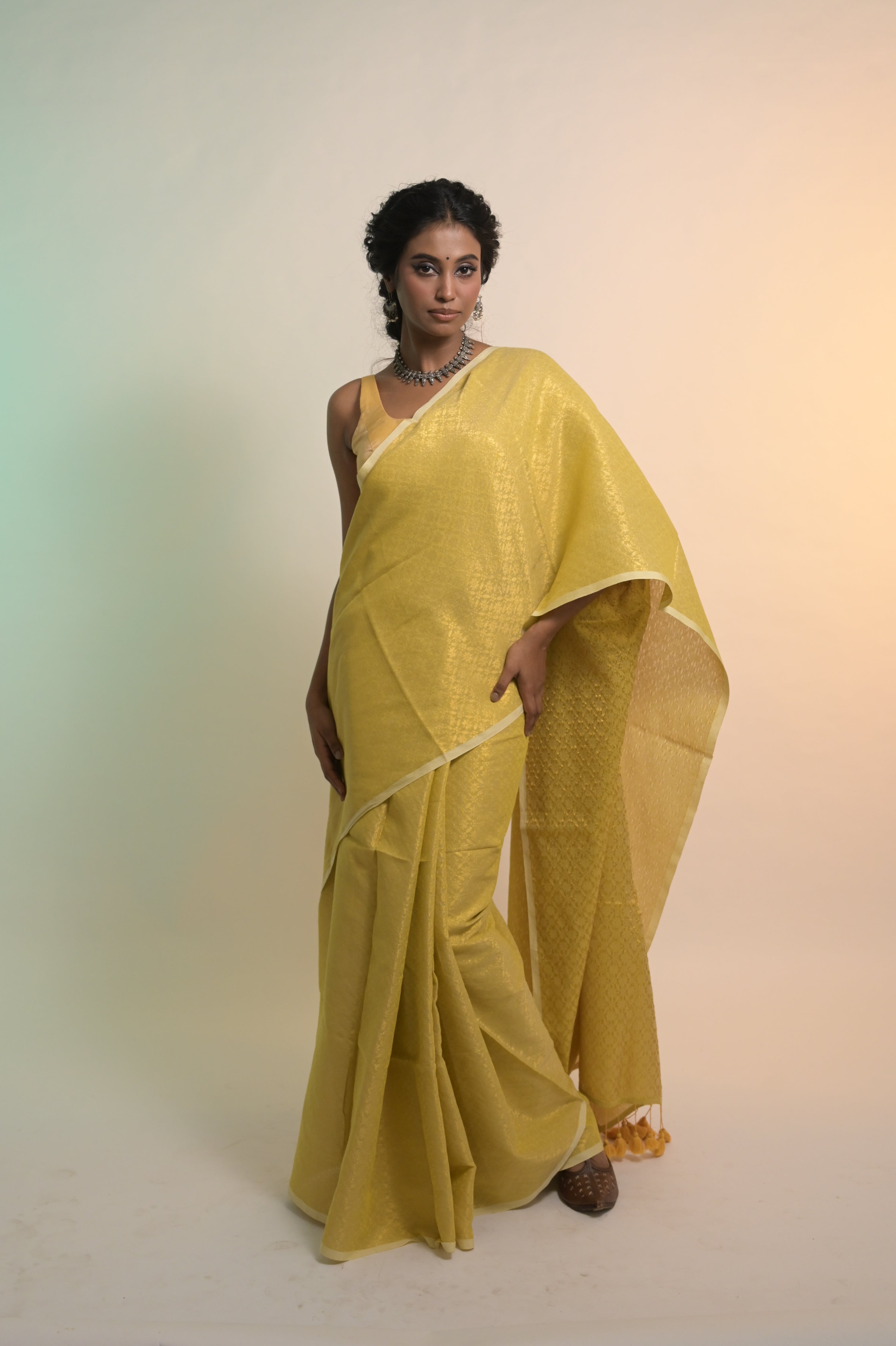 Lime Roshni I Lime Green Handloom Cotton Brocade Saree with Tassels