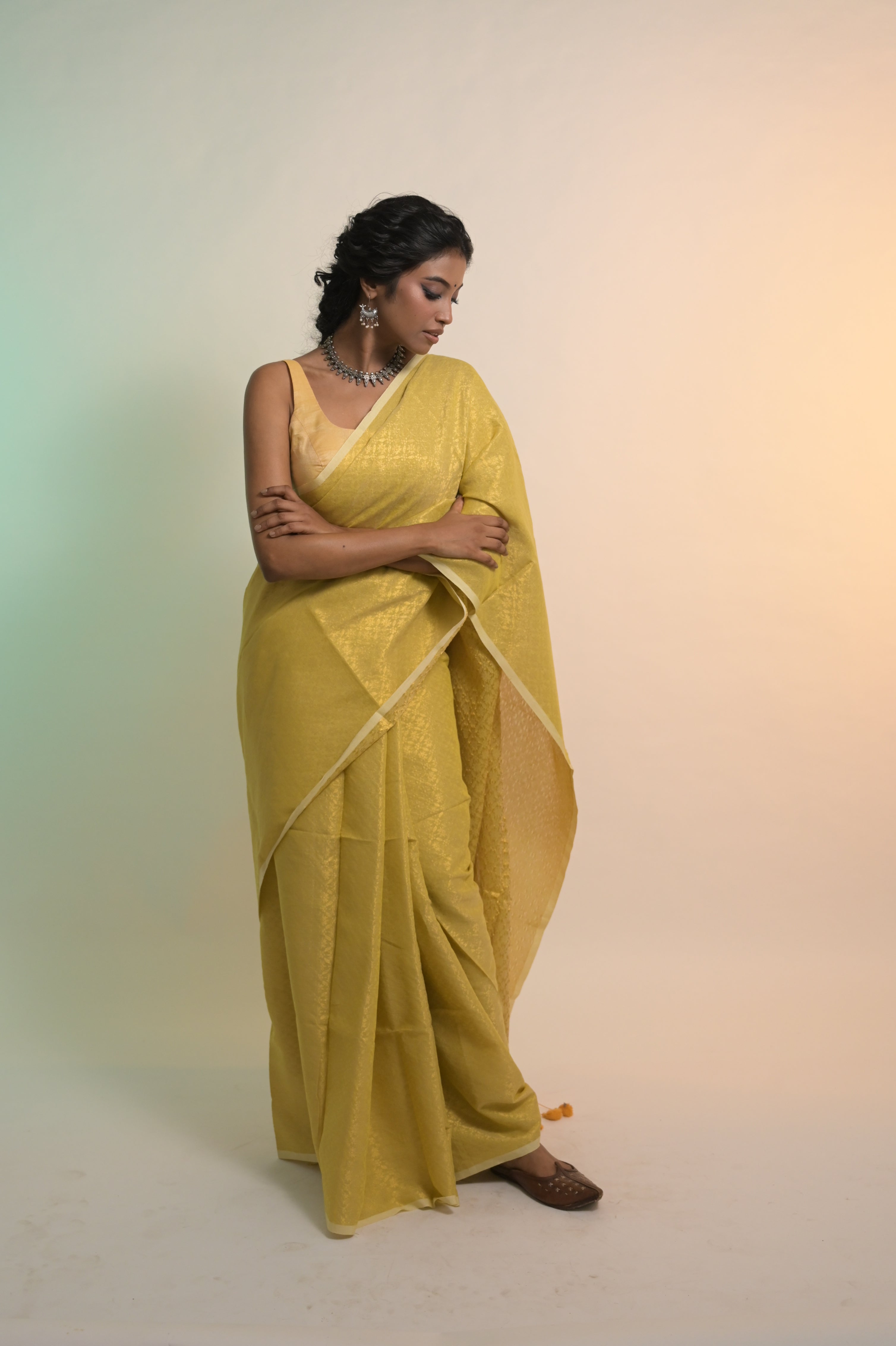 Lime Roshni I Lime Green Handloom Cotton Brocade Saree with Tassels