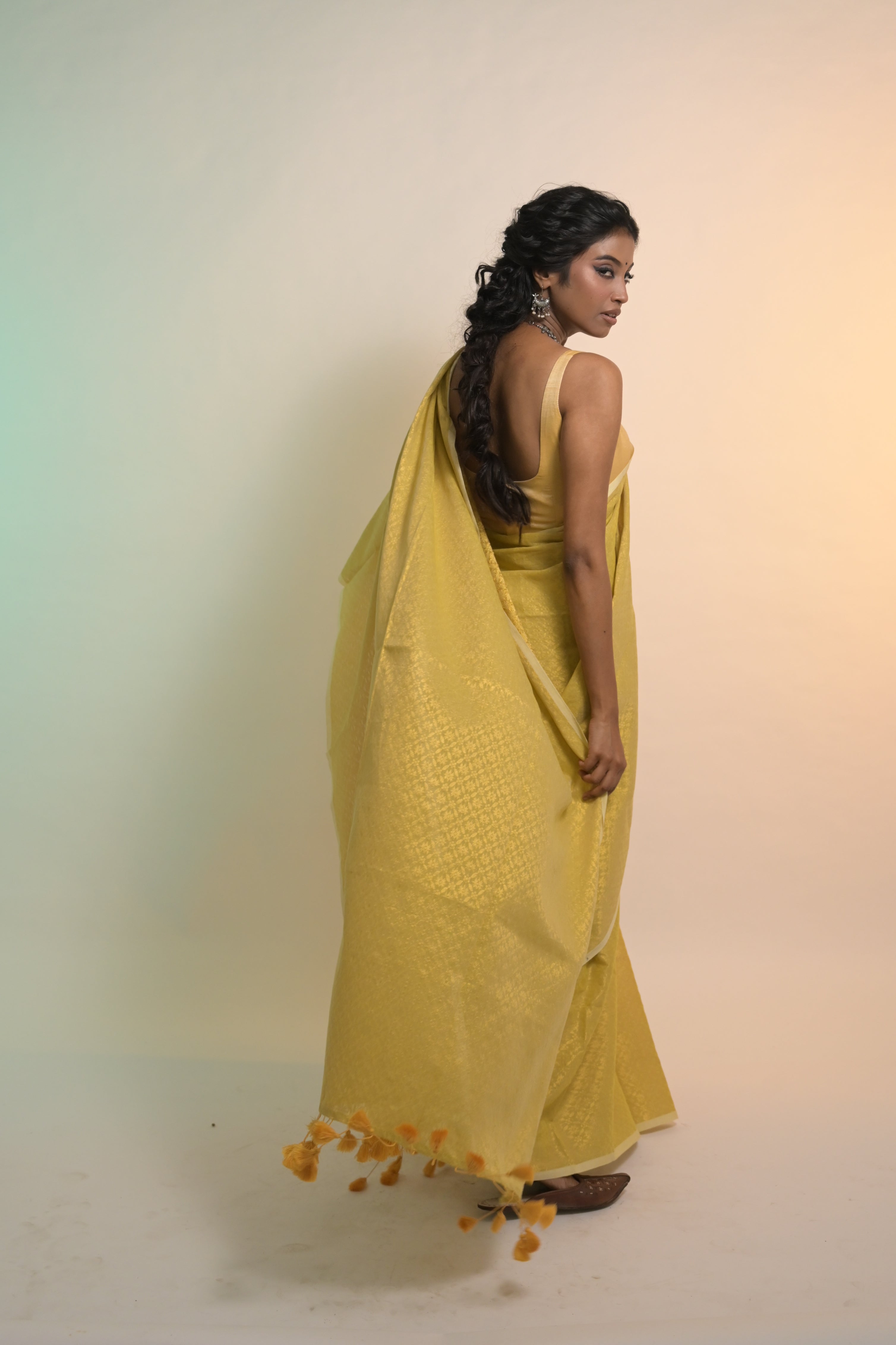 Lime Roshni I Lime Green Handloom Cotton Brocade Saree with Tassels