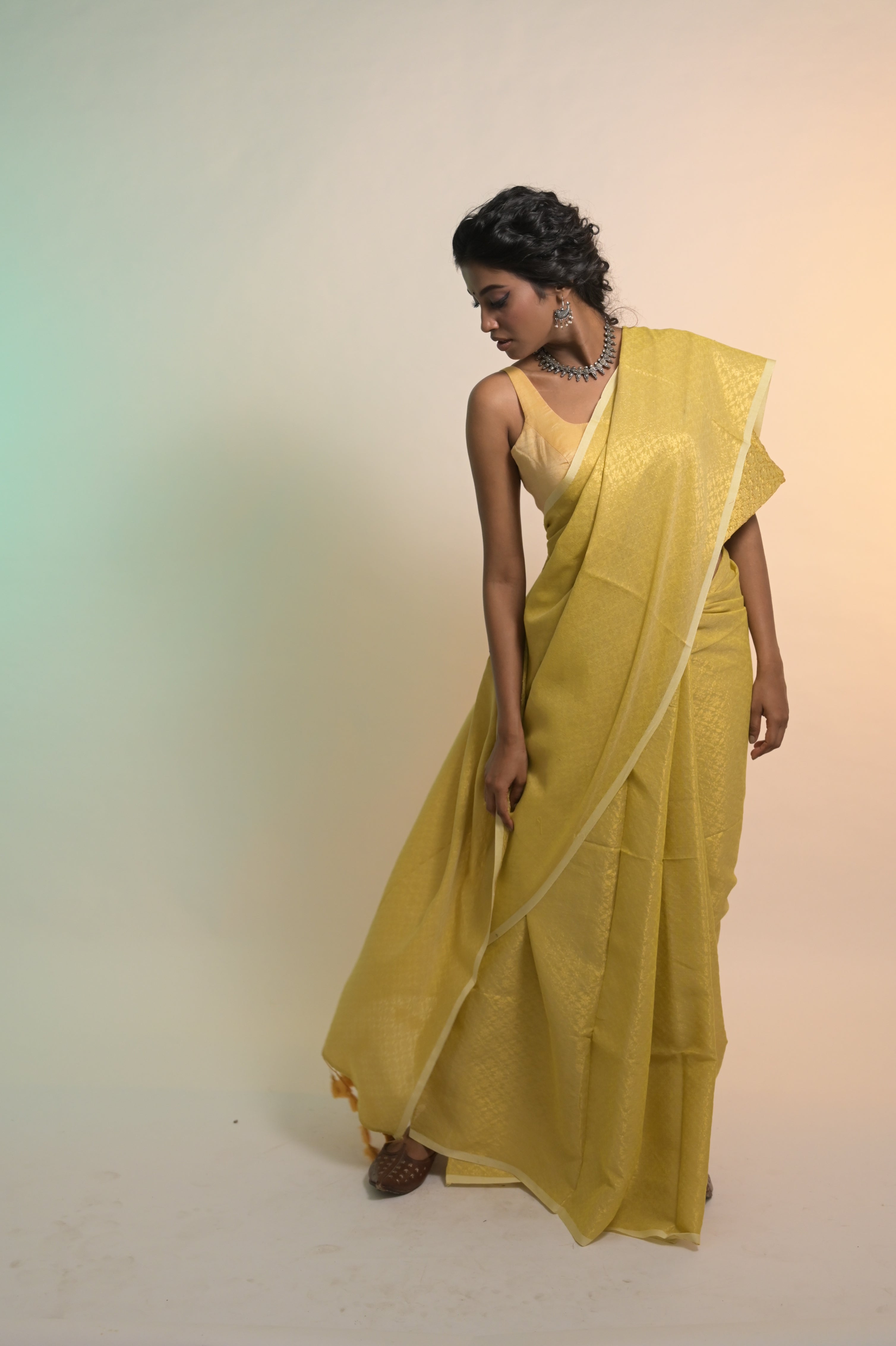 Lime Roshni I Lime Green Handloom Cotton Brocade Saree with Tassels