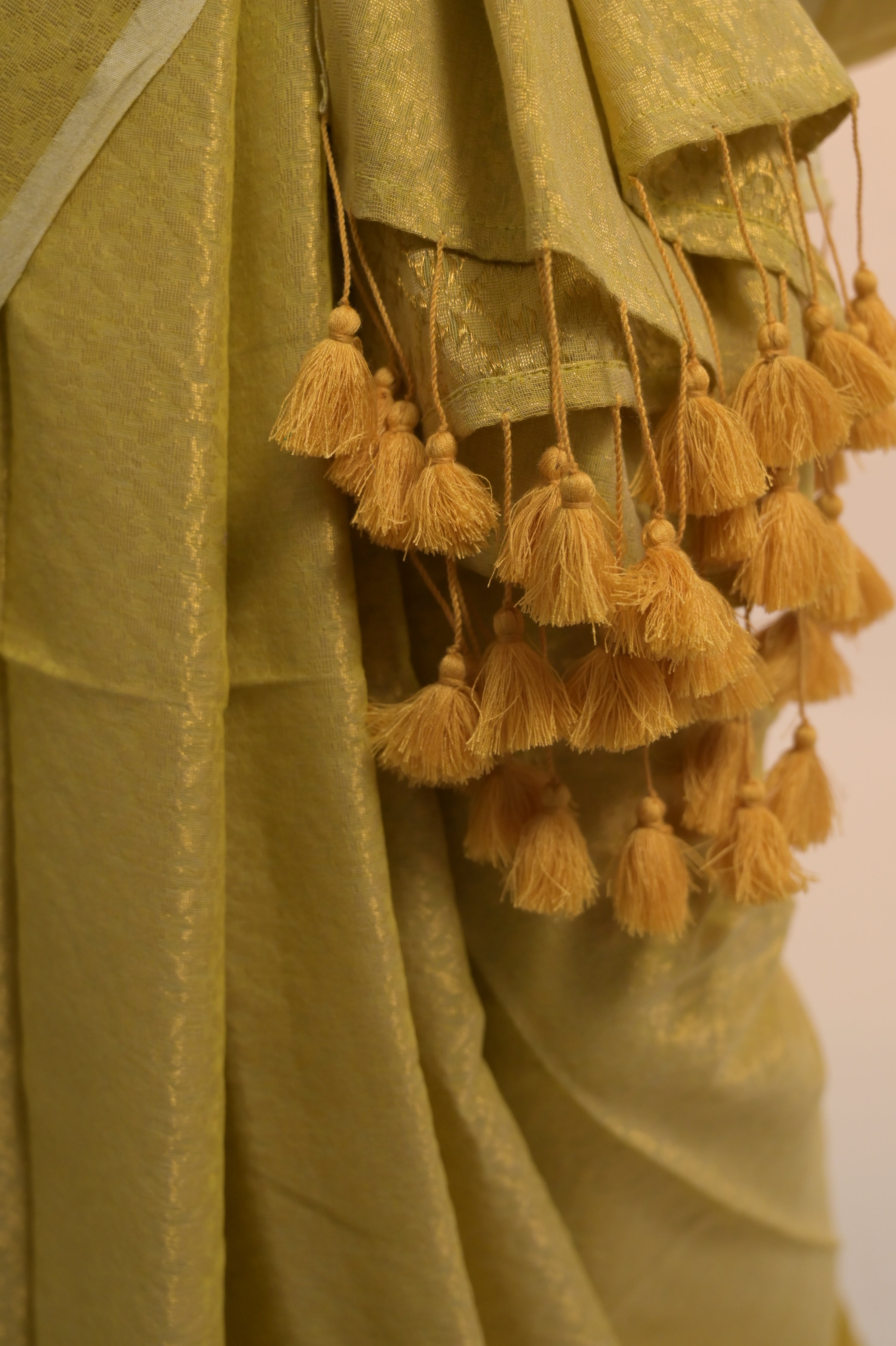 Lime Roshni I Lime Green Handloom Cotton Brocade Saree with Tassels