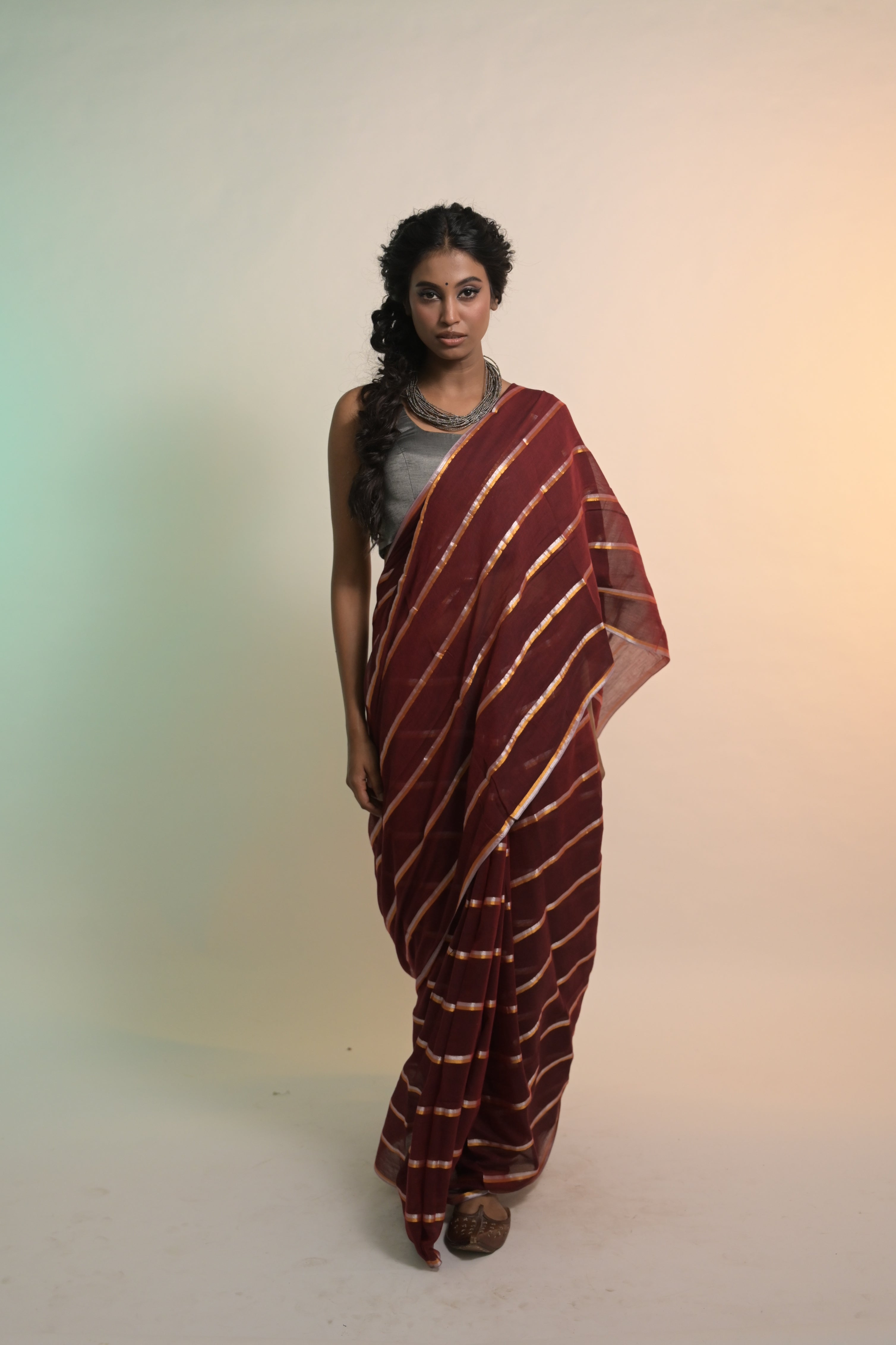 Ravira I Maroon Handloom Mul Cotton Saree with Zari Stripes