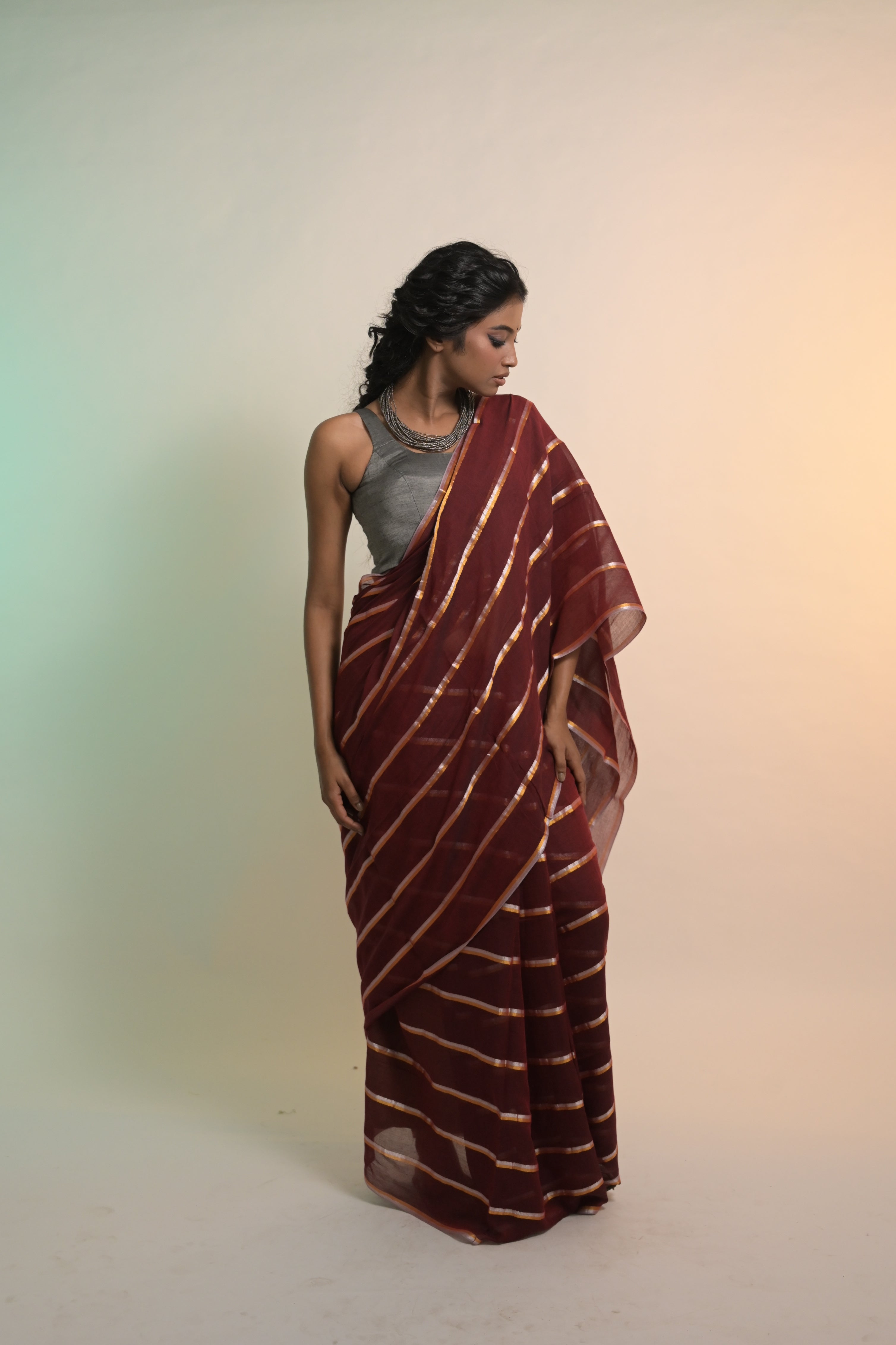 Ravira I Maroon Handloom Mul Cotton Saree with Zari Stripes