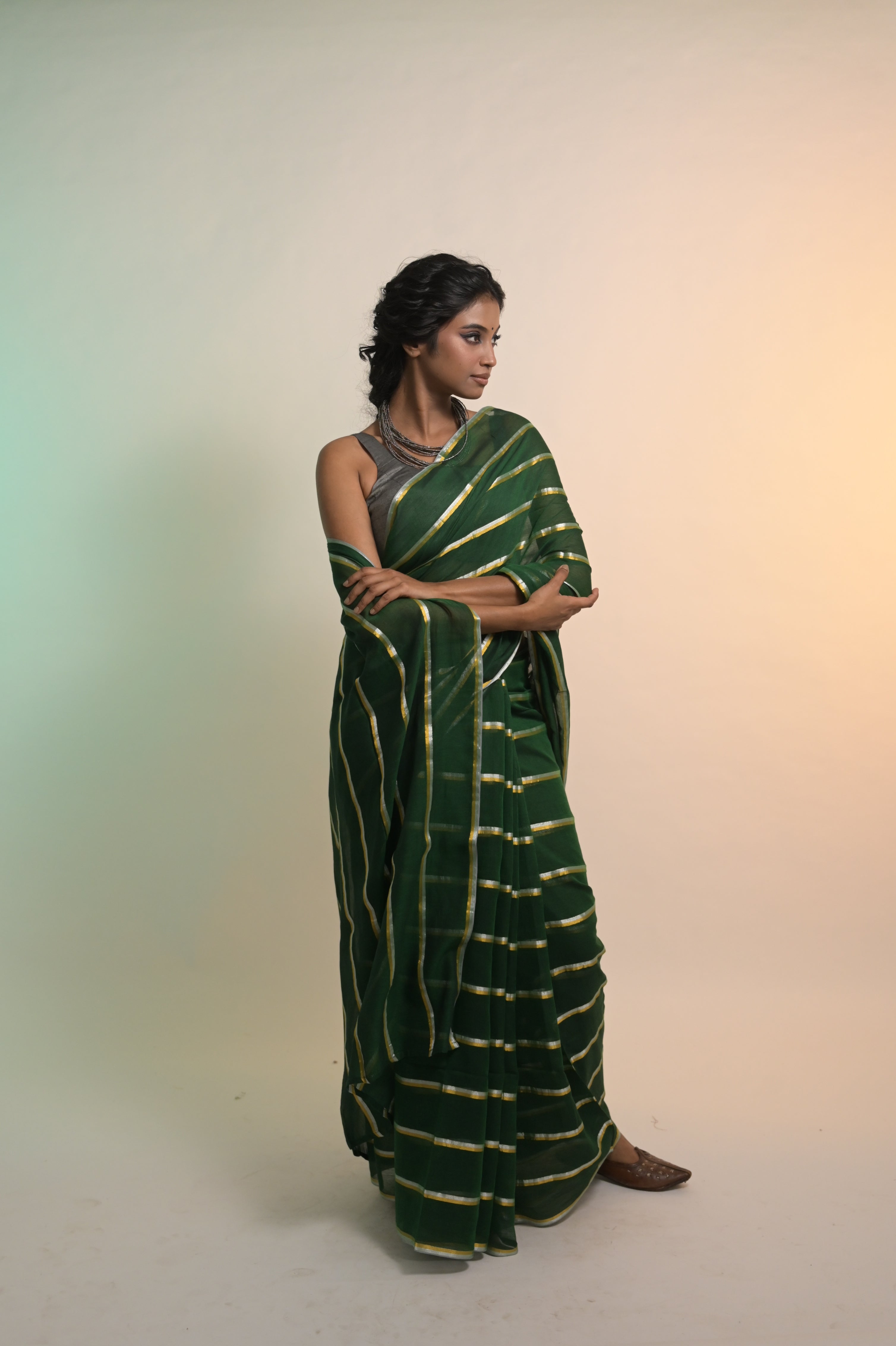 Raagvi I Green Handloom Mul Cotton Saree with Zari Stripes